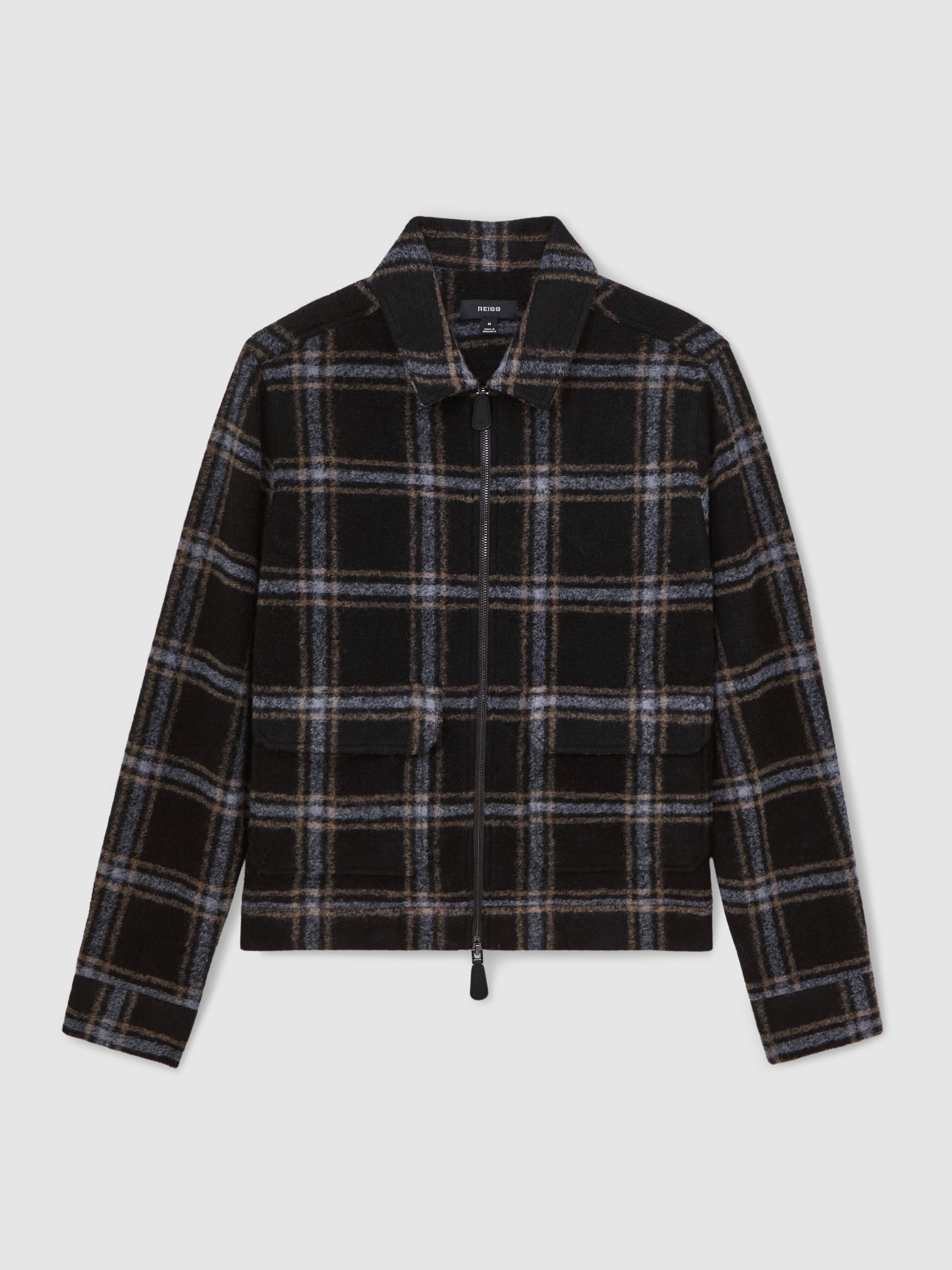 Zip-Through Check Overshirt with Wool in Navy