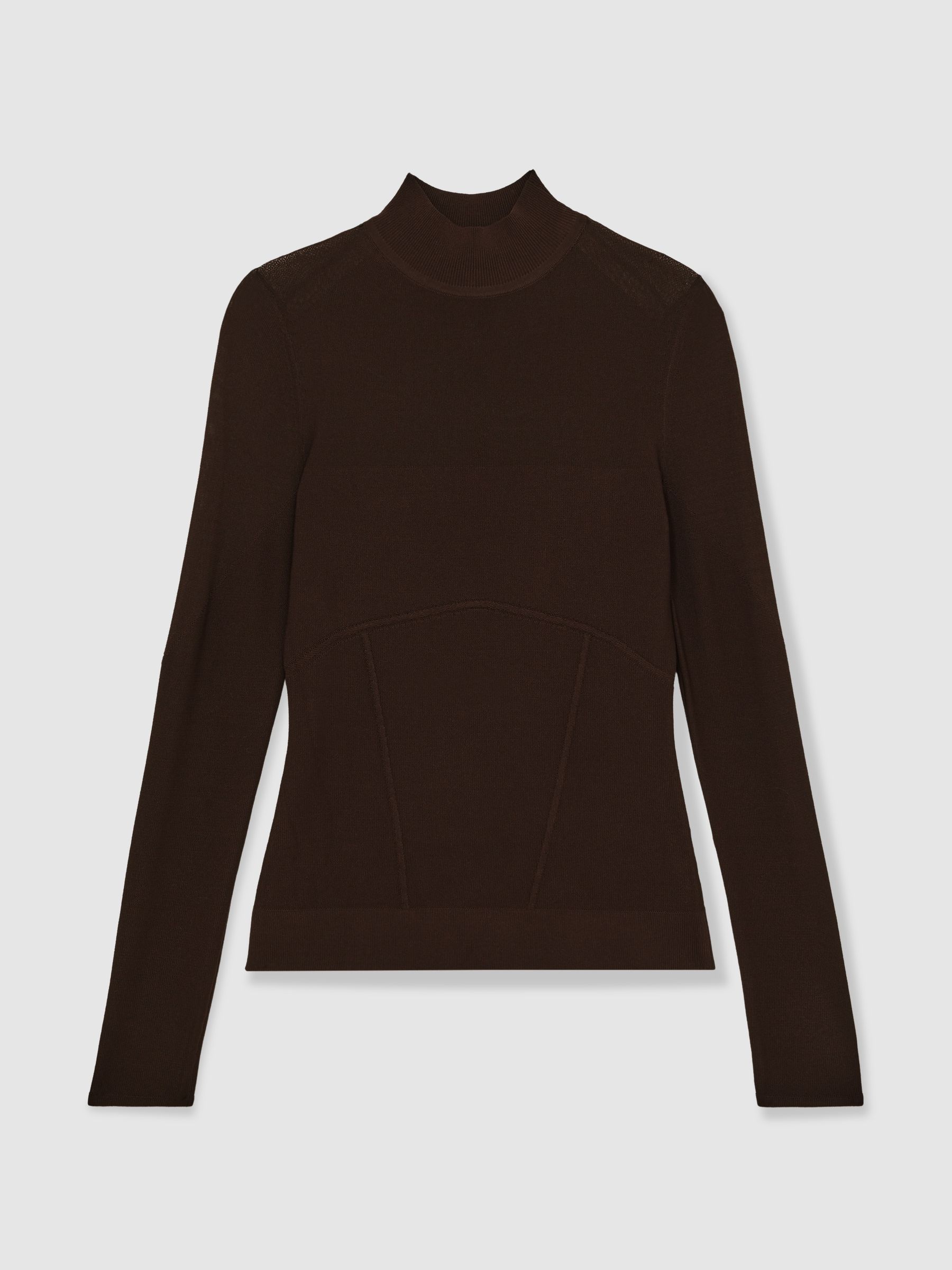 Mesh Funnel-Neck Knit Top in Chocolate Brown