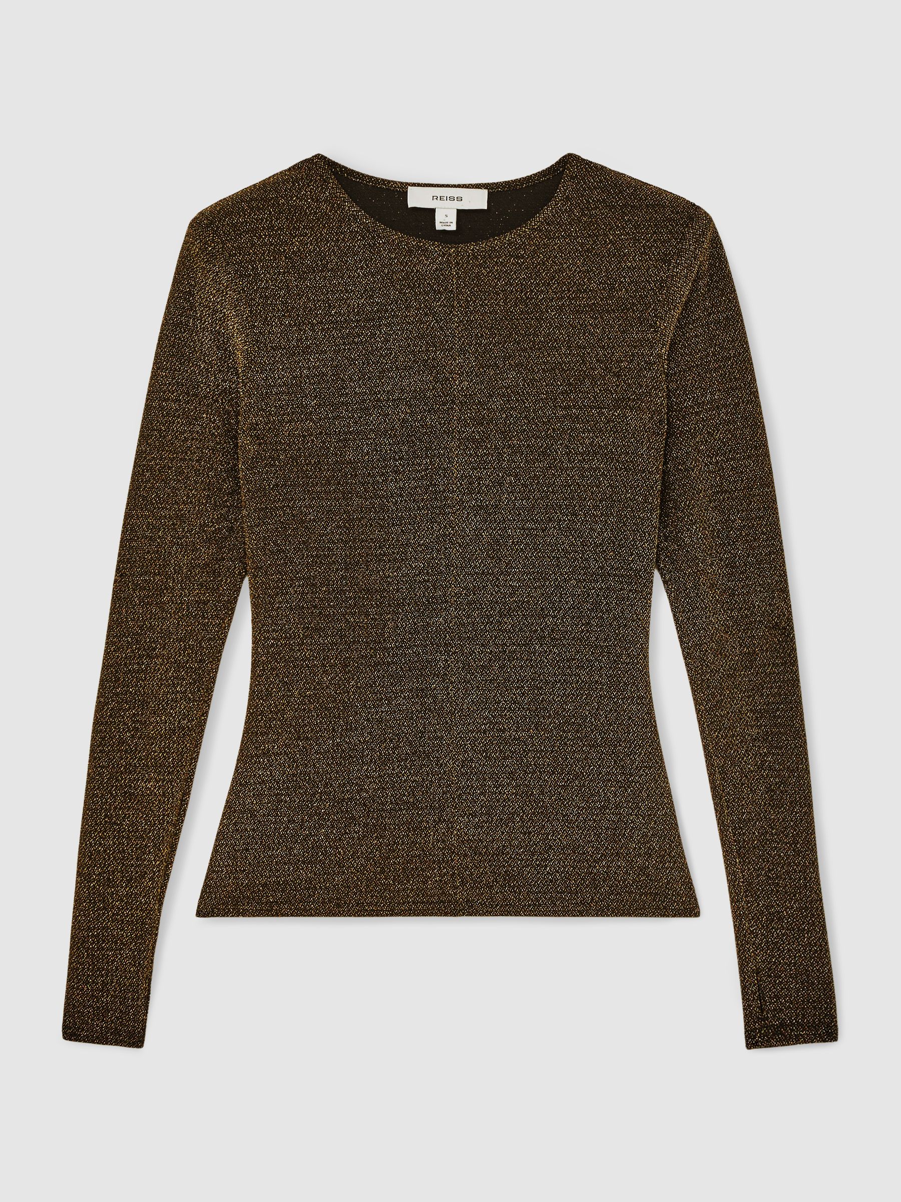 Metallic-Knit Long-Sleeve Top in Gold