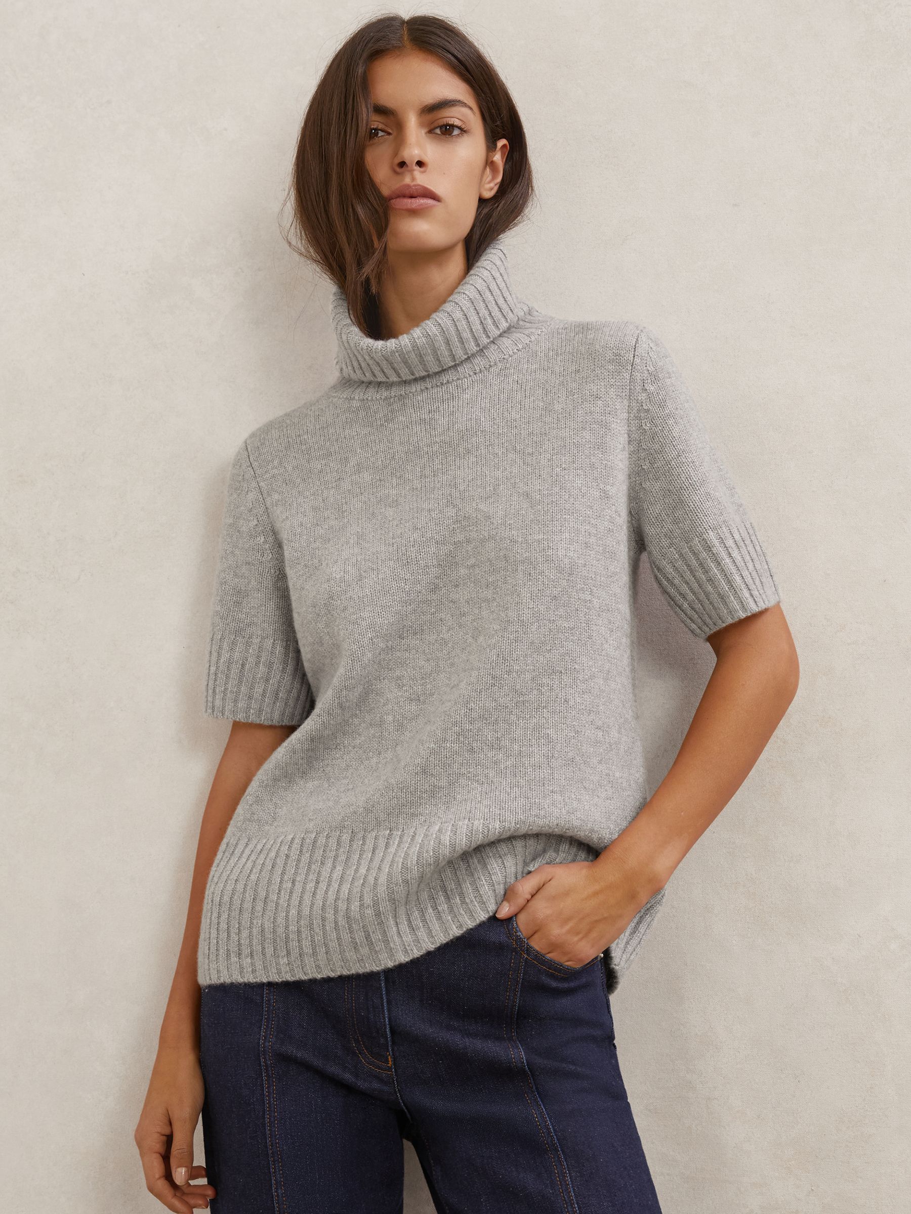Cashmere Short-Sleeve Roll-Neck Jumper in Grey Marl