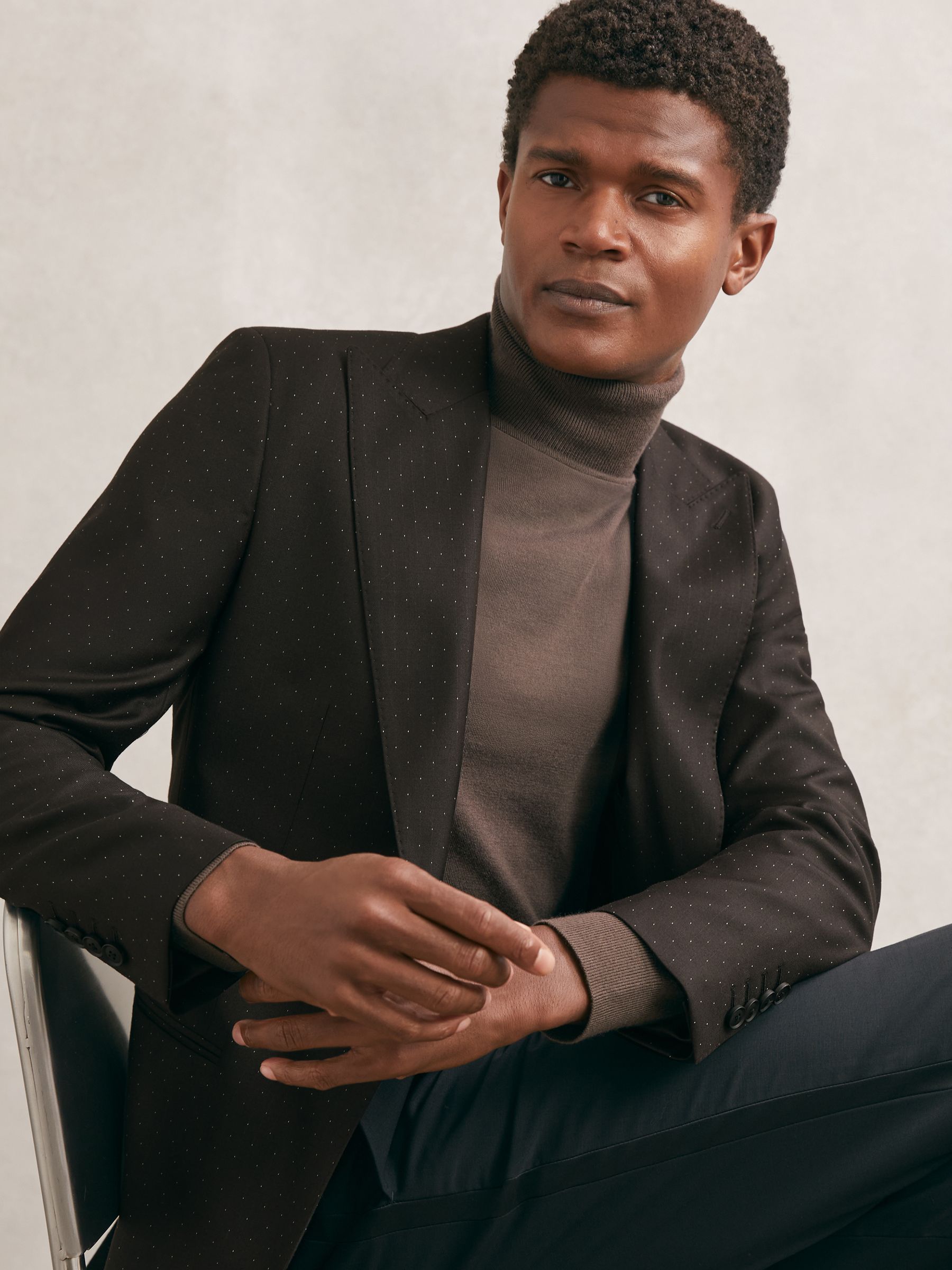 Single-Breasted Polka-Dot Blazer Tailored-Fit Wool-Blend in Brown