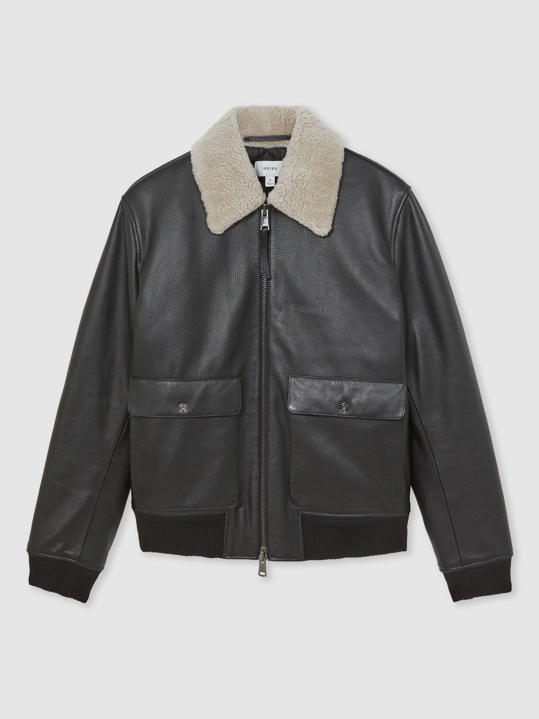 Leather Shearling-Collar Bomber Jacket in Black