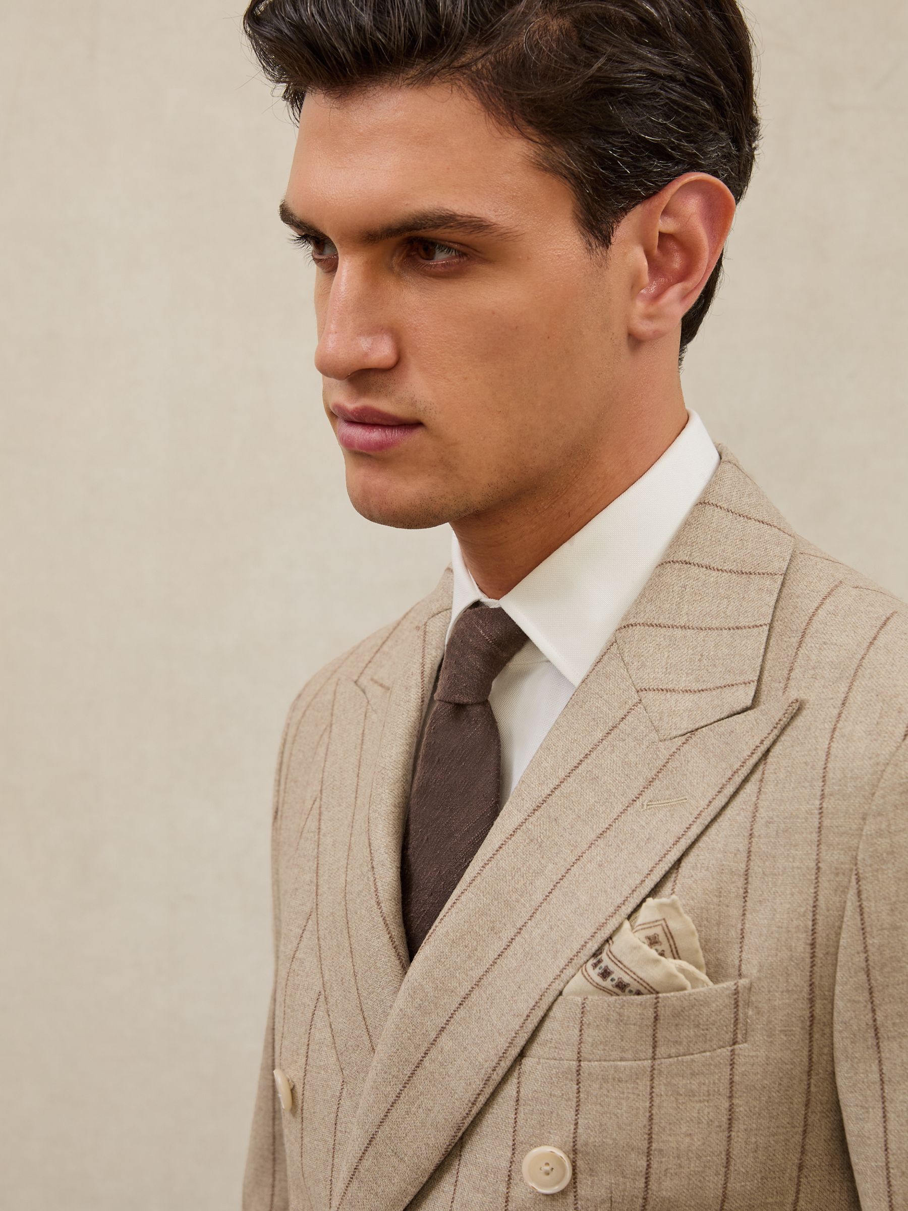Atelier Wool Double-Breasted Blazer Pinstripe Tailored-Fit in Mocha Brown