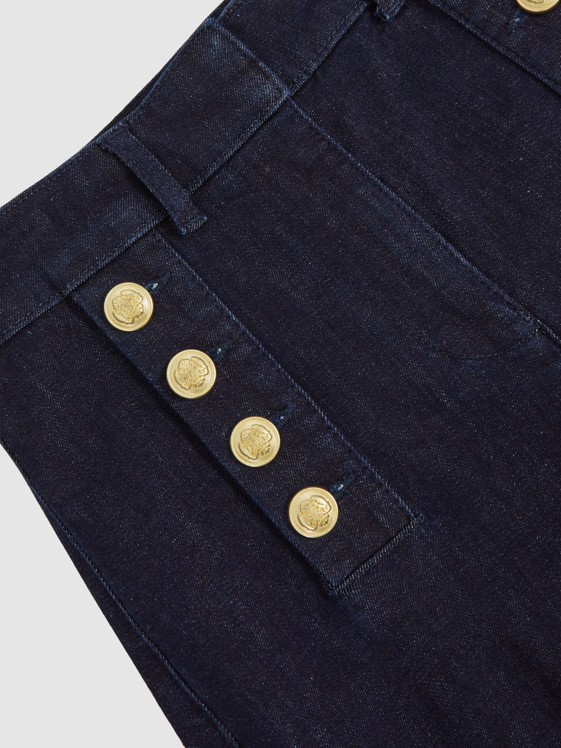Button-Detail High-Rise Flared Jeans in Dark Blue