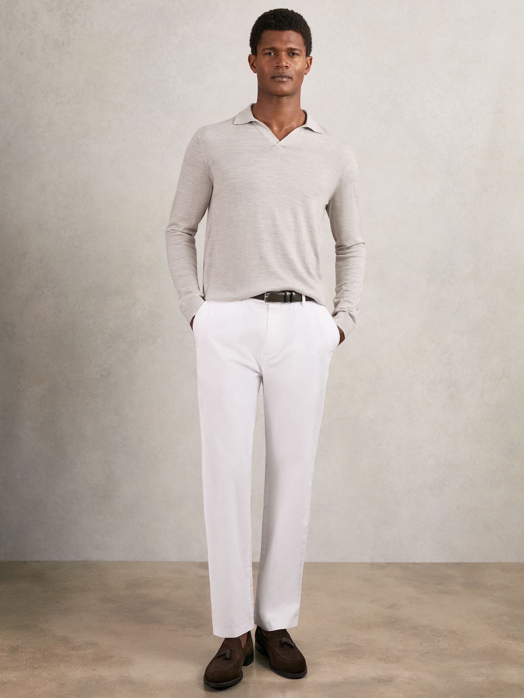 Merino Wool Open-Collar Polo Shirt in Wicker Brown Melange