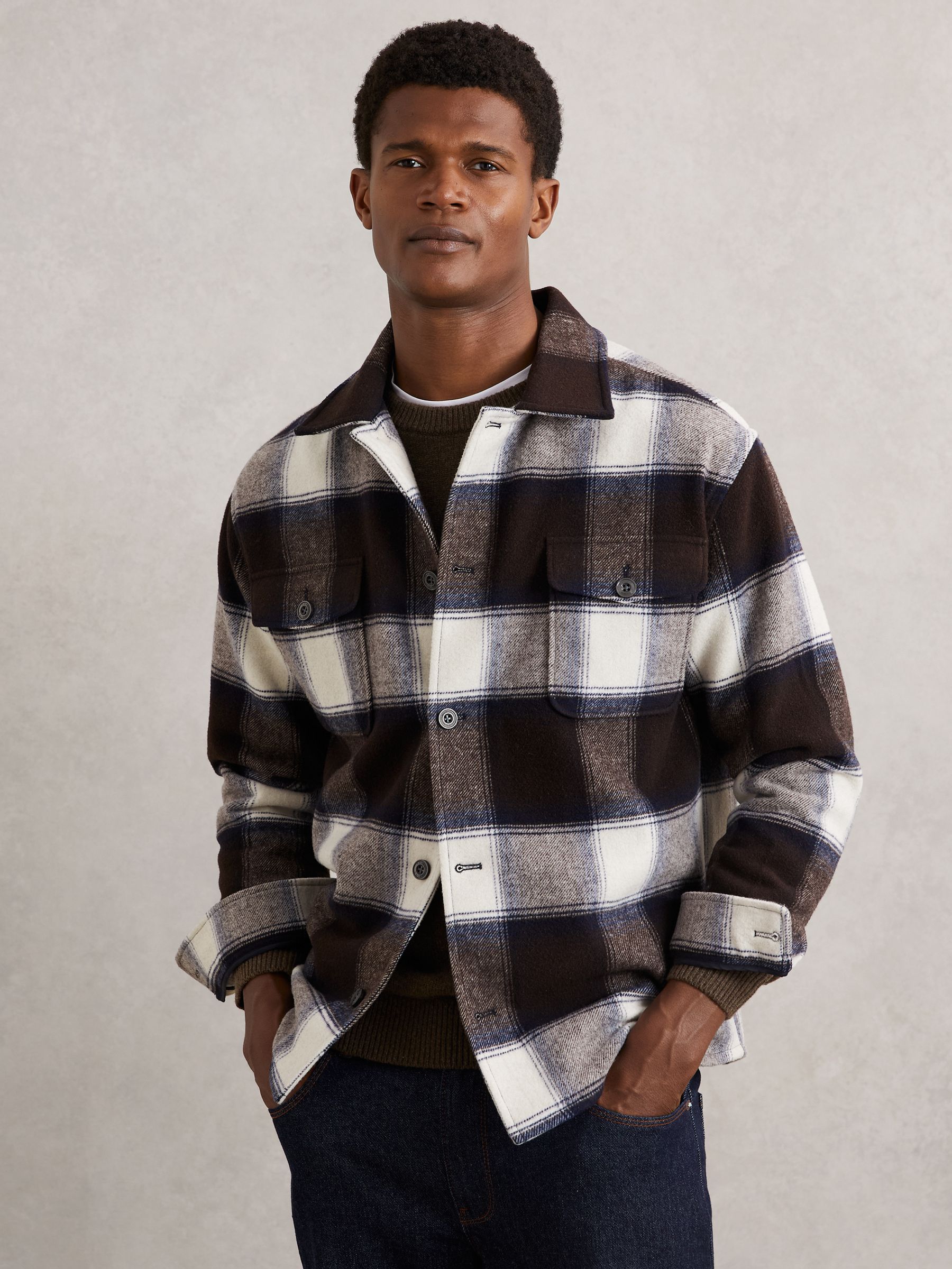 Wool-Blend Check Overshirt in Navy Multi