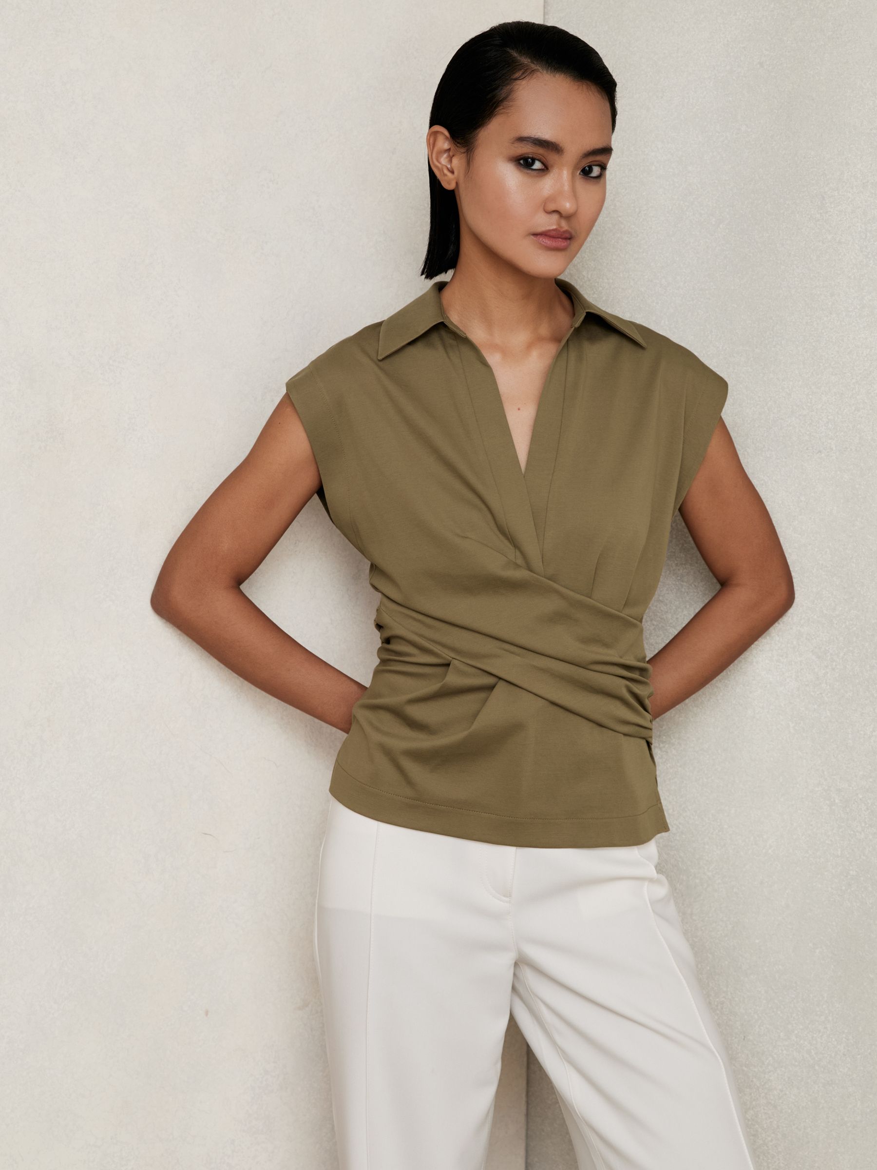 Stretch-Cotton Wrap-Front Collar Top in Khaki Green