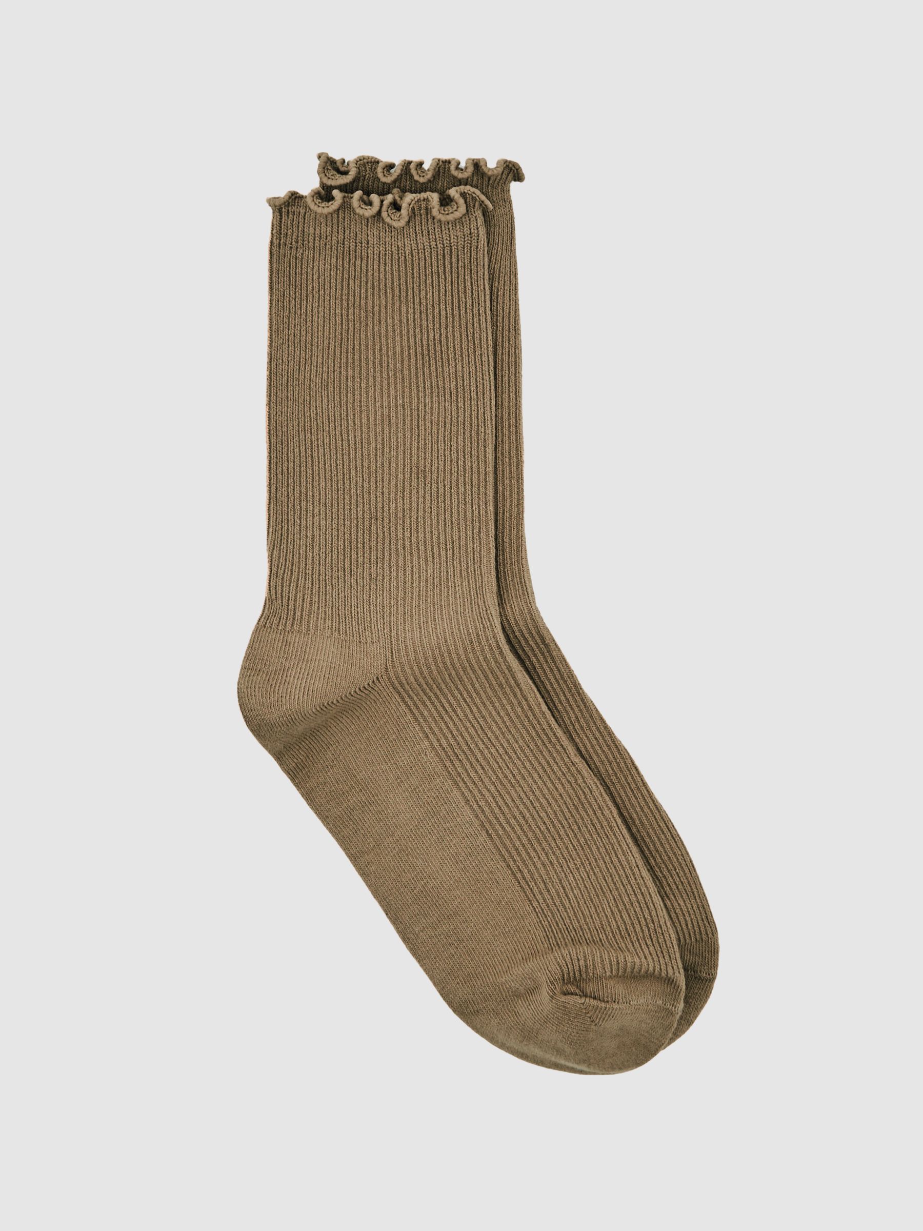 Ribbed Frilly Socks in Taupe