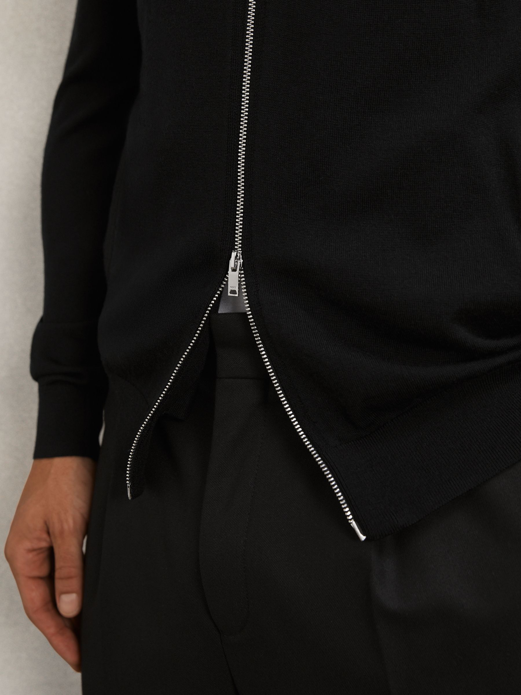 Merino Wool Zip-Through Cardigan in Black