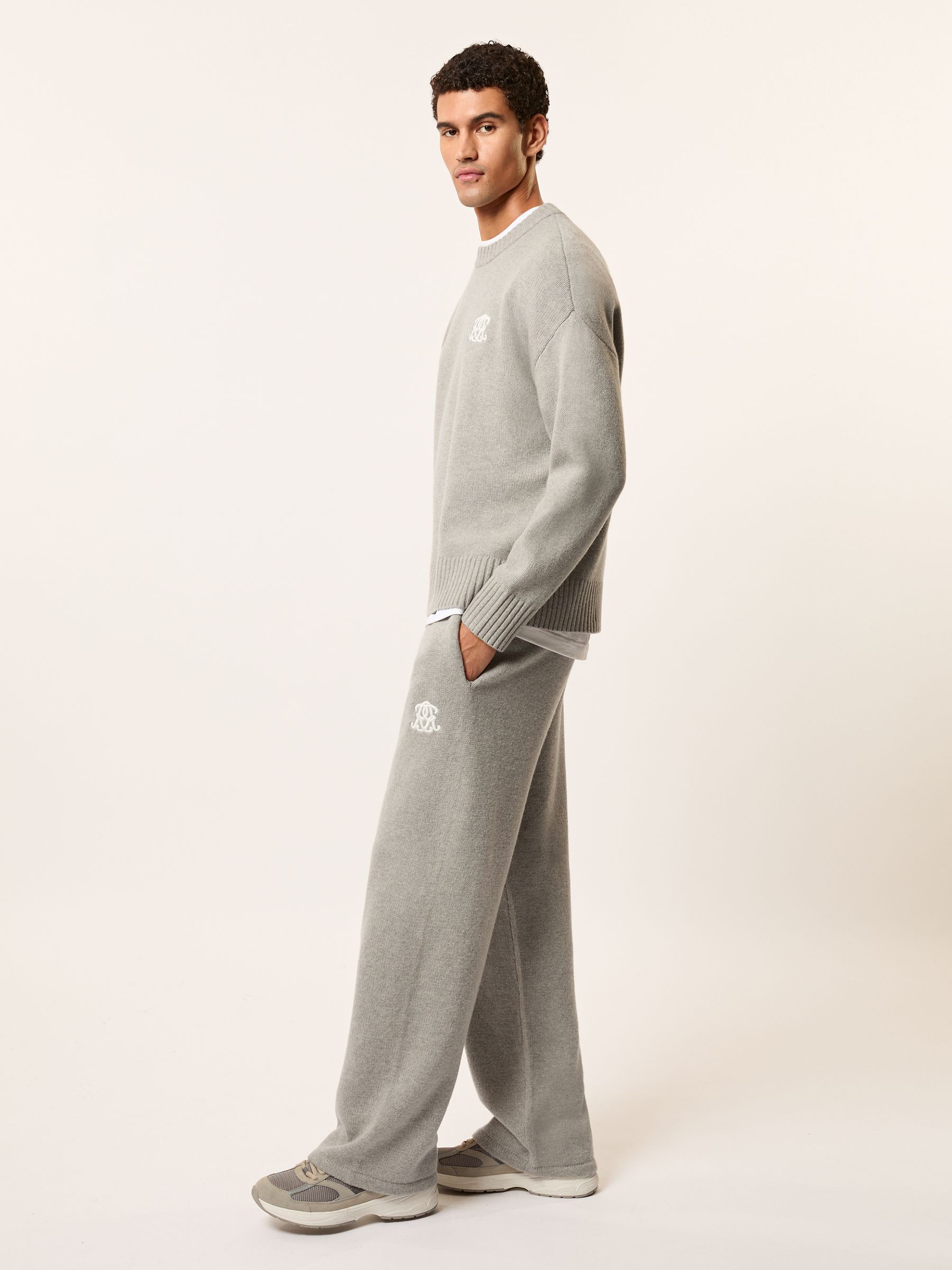 Monogram Wool Wide-Leg Knitted Joggers in Grey Melange