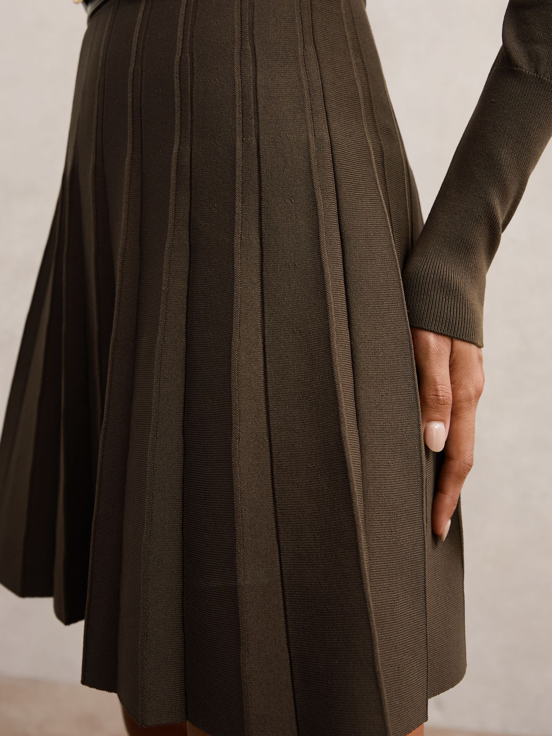 Knitted Belted Skater Mini Dress in Mocha Brown