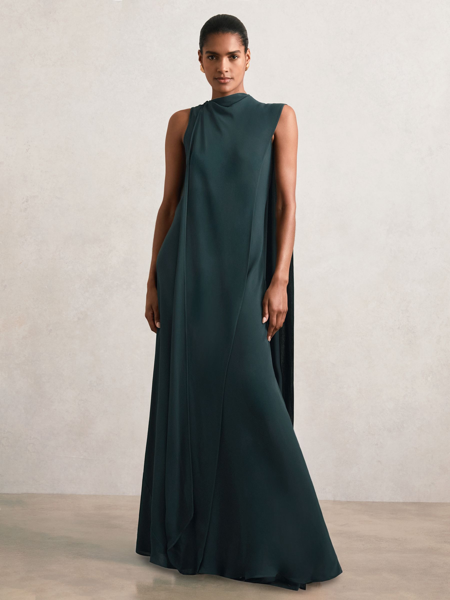 Petite Crepe Cape Maxi Dress in Teal Green