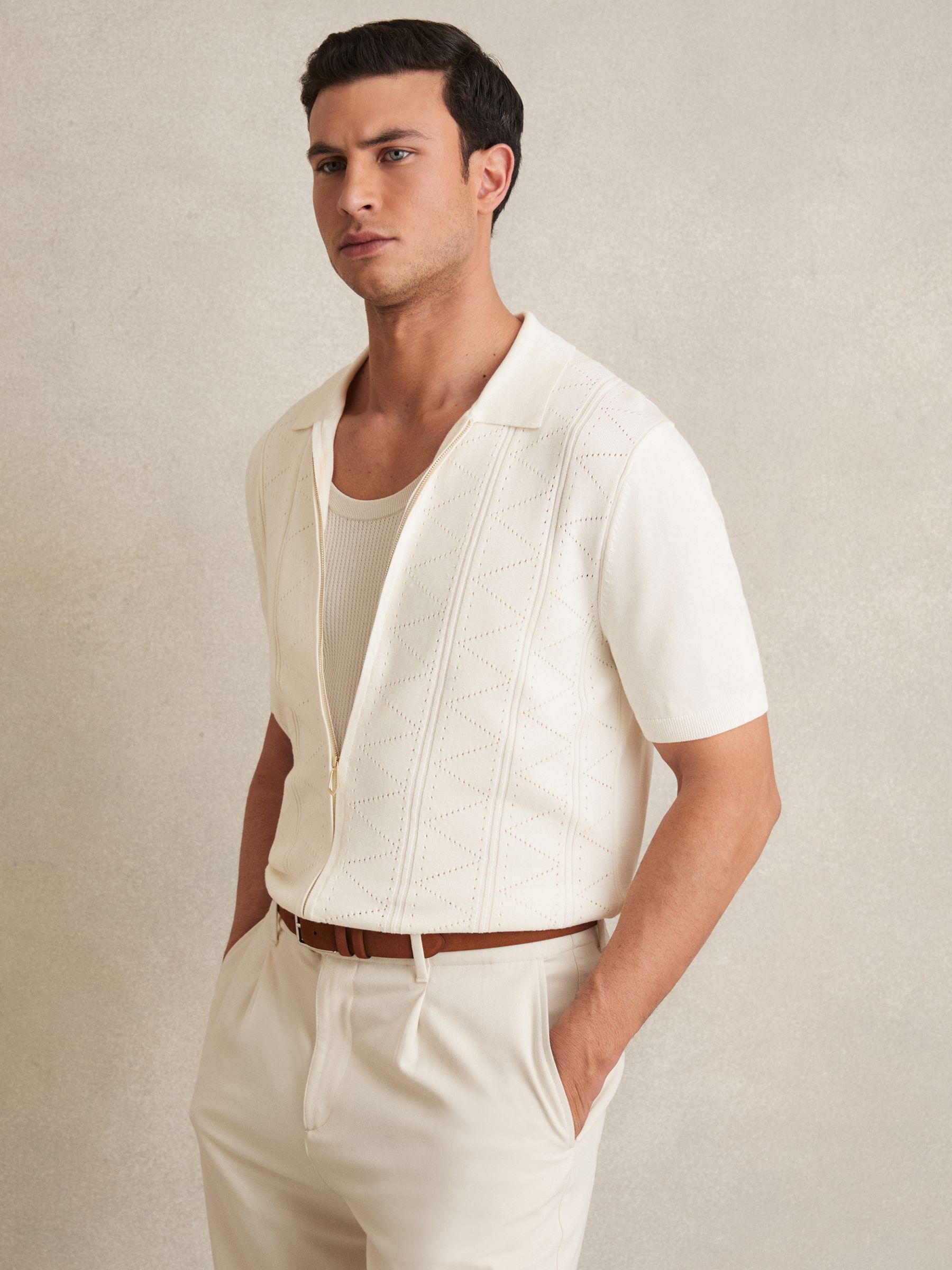 Pointelle-Knit Zip-Through Shirt in White