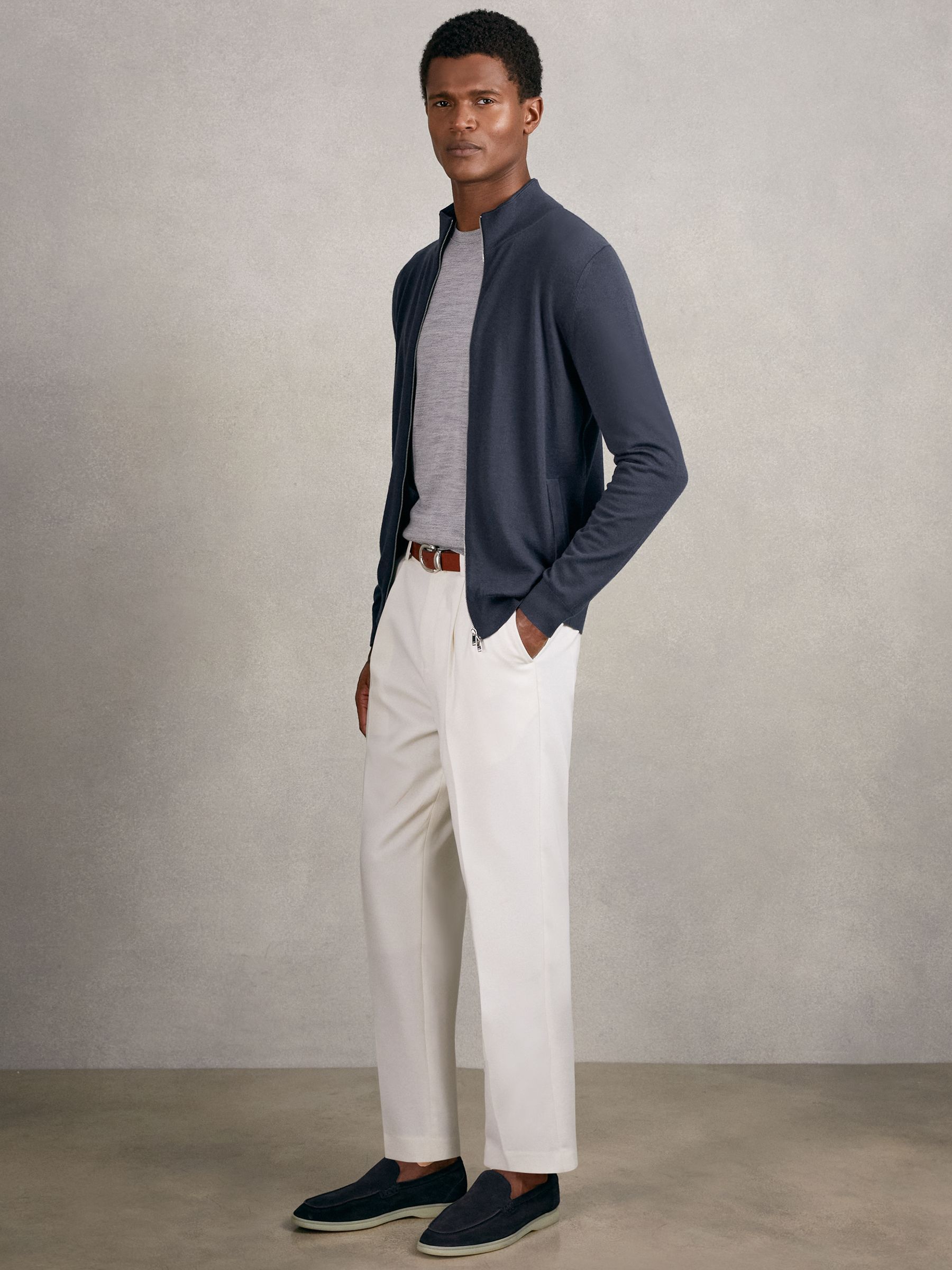 Merino Wool Zip Through Cardigan in Midnight Navy