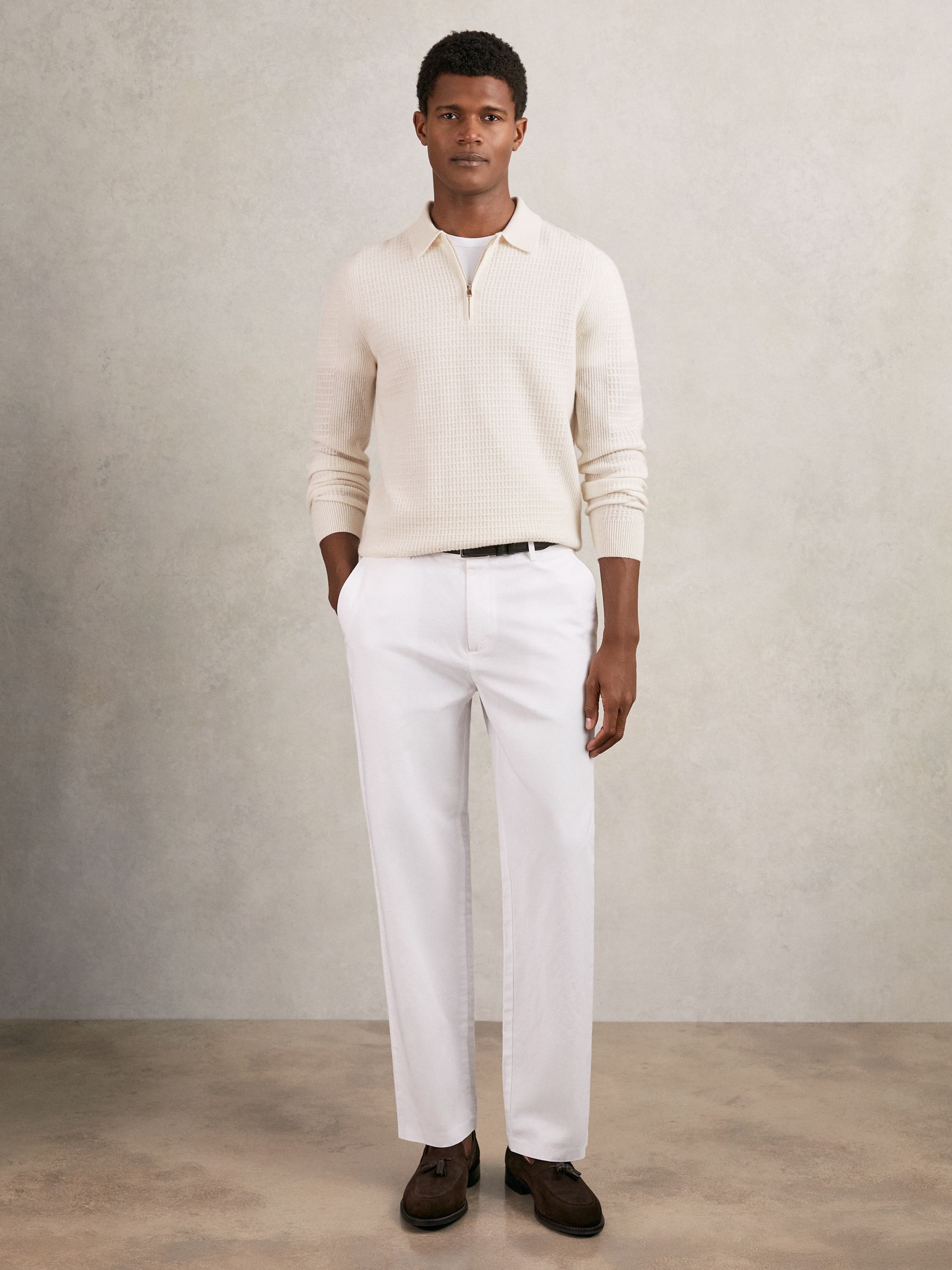 Wool Waffle-Knit Half-Zip Polo Shirt in Off White