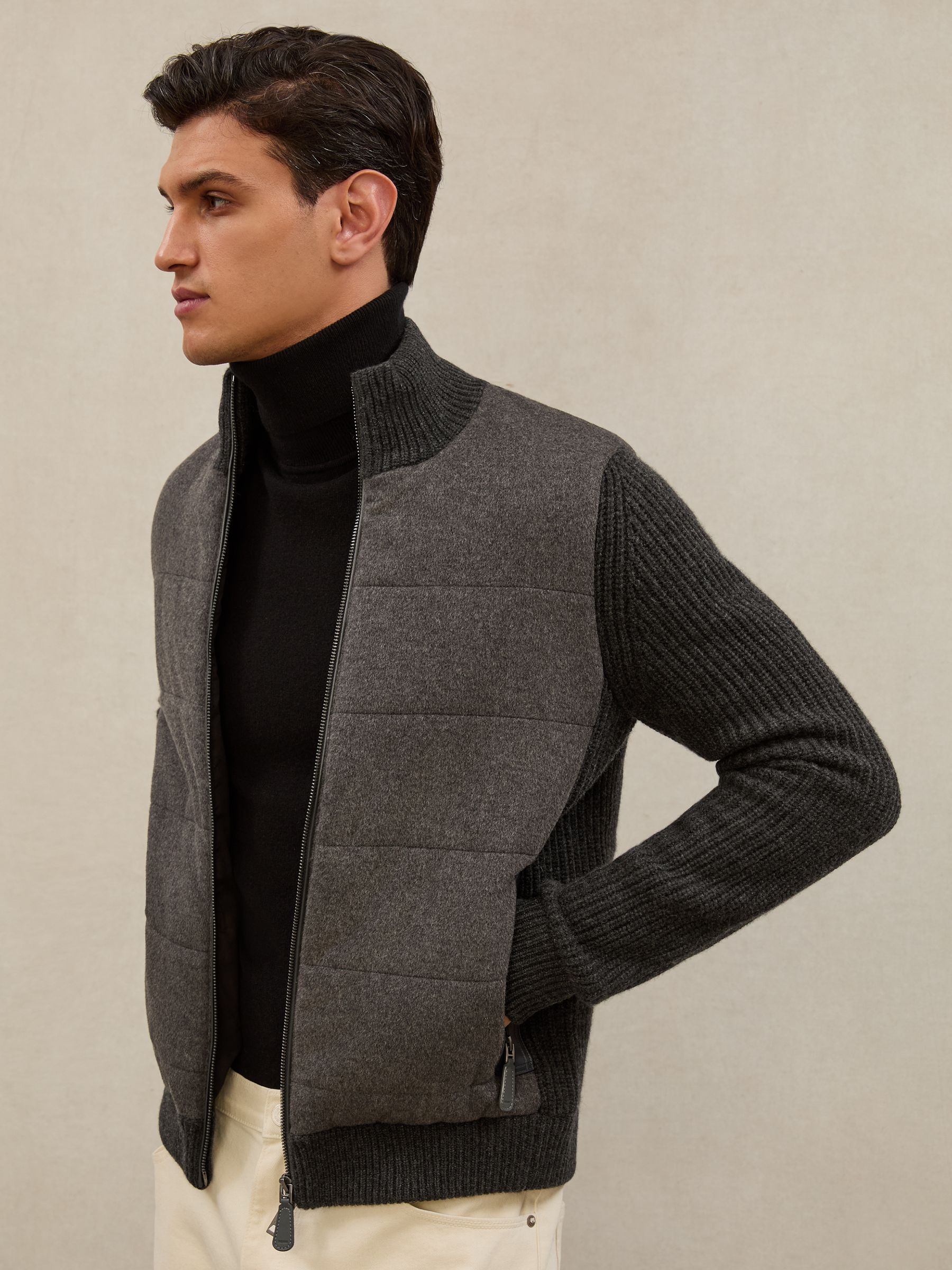 Atelier Quilted Cashmere Zip Jacket in Charcoal Grey