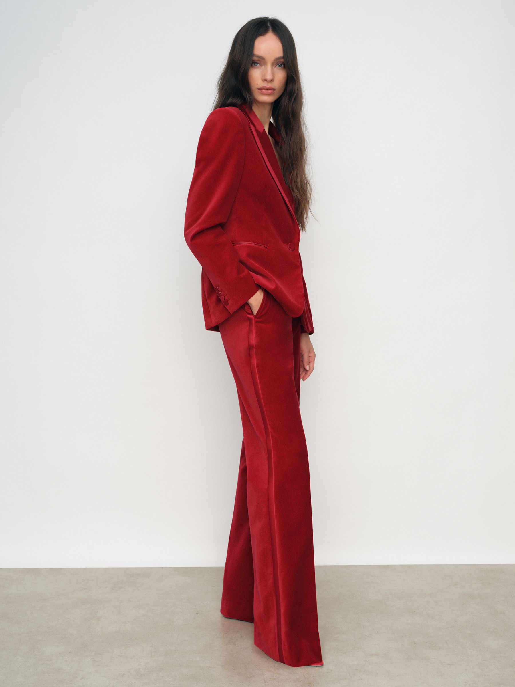 Velvet Tuxedo-Stripe Flared Trousers in Burgundy