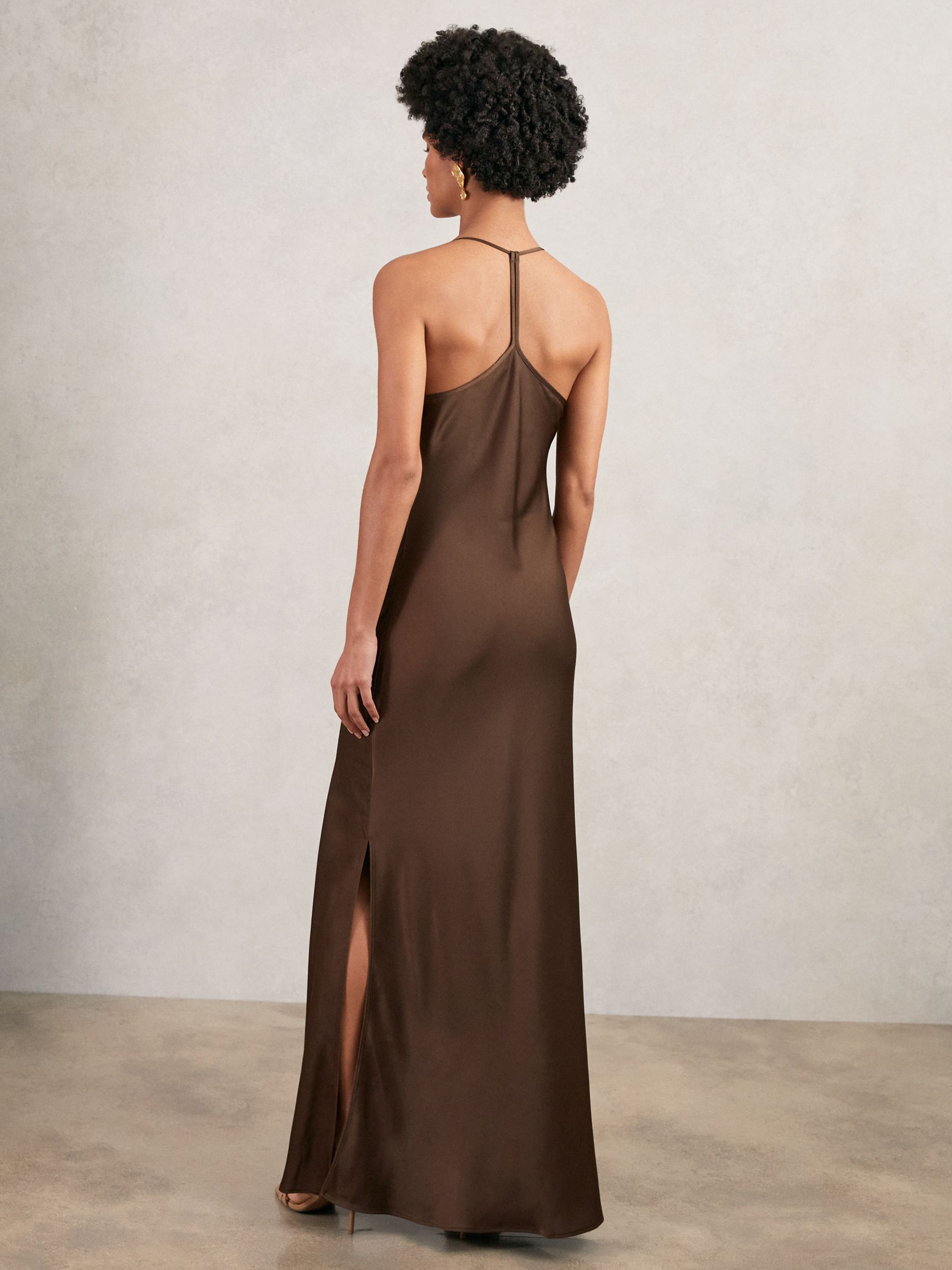 Satin Cowl-Neck Slip Dress in Chocolate Brown
