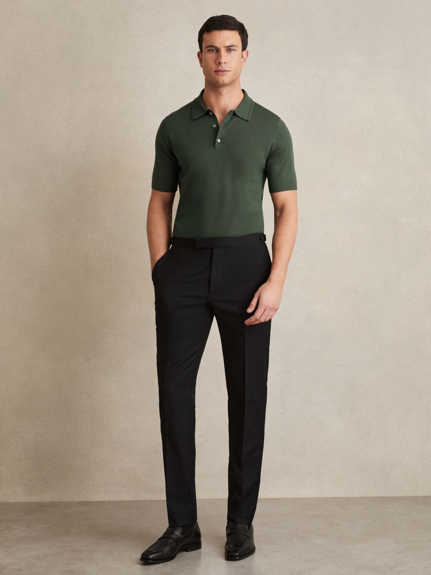 Merino Wool Short-Sleeve Polo Shirt in Kale Green