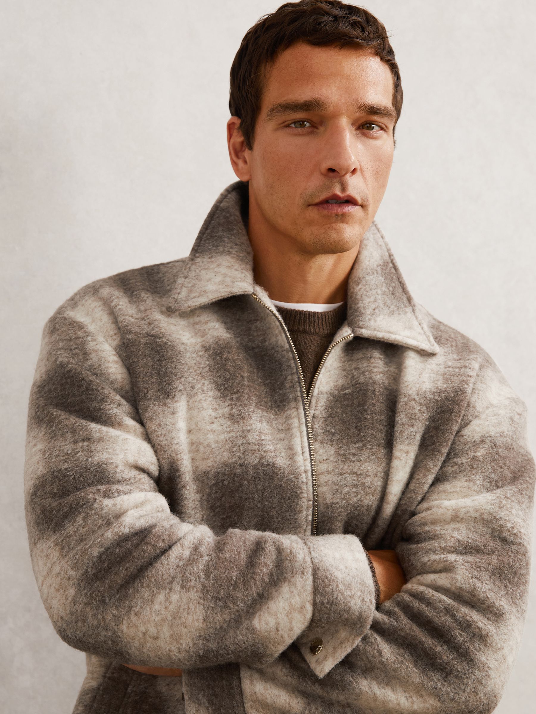 Brushed Check Zip-Through Overshirt with Wool in Ecru/Brown