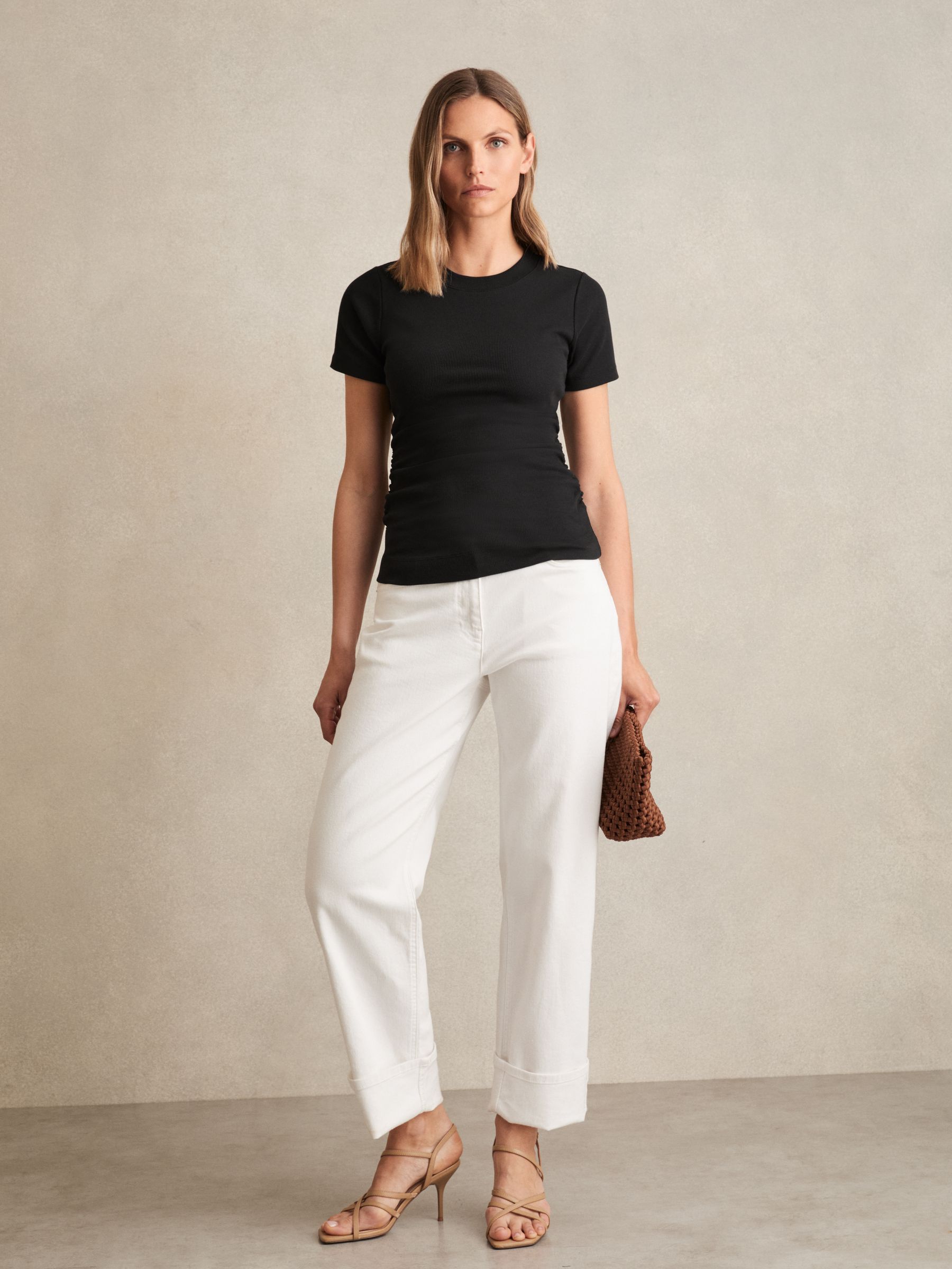 Stretch-Cotton Ruched Ribbed T-Shirt in Black
