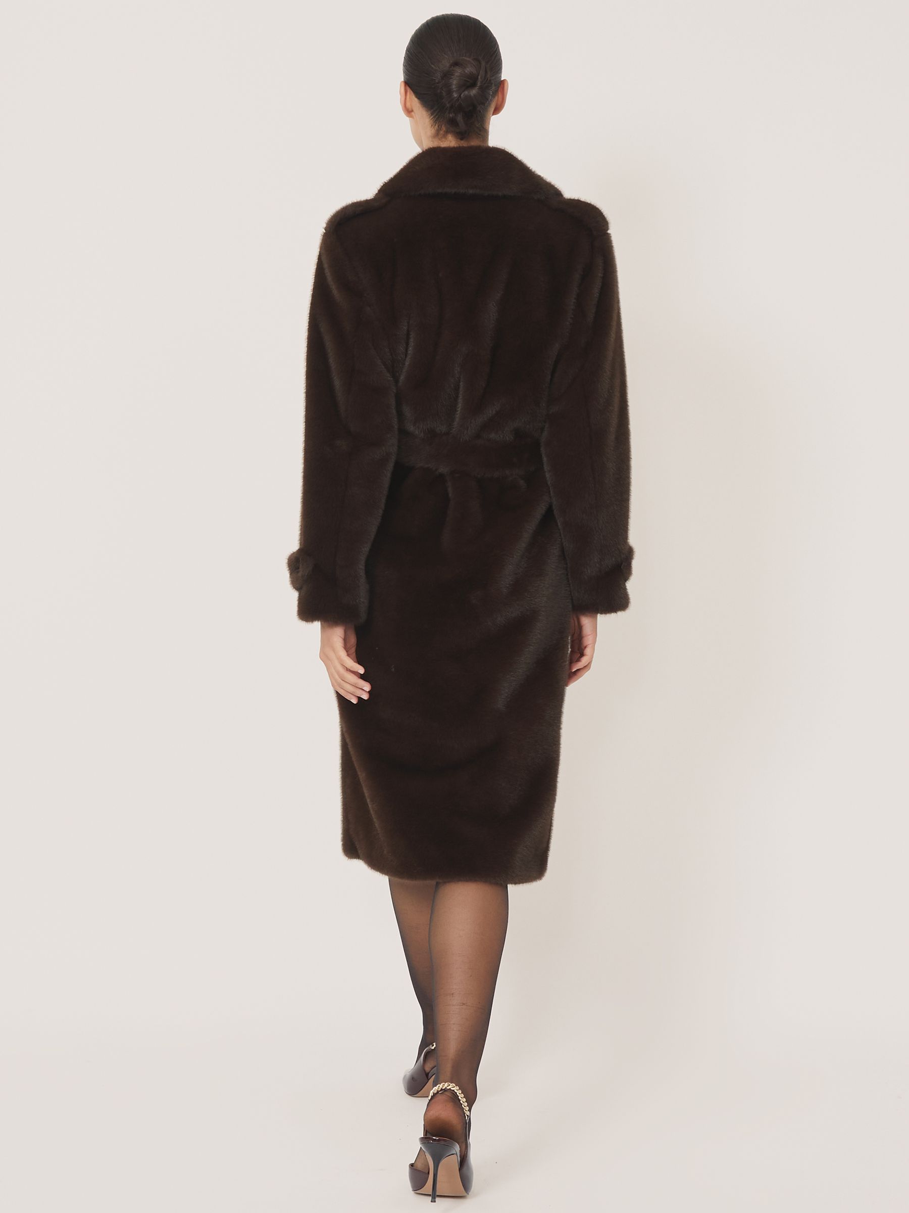 Petite Faux-Fur Long Belted Coat in Chocolate Brown