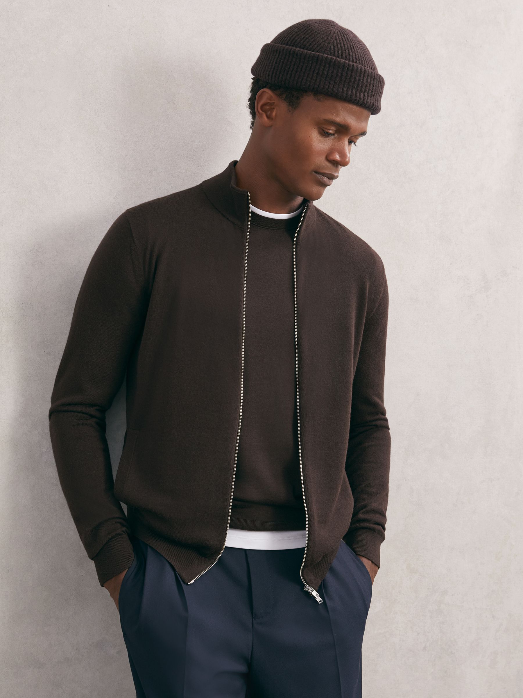 Merino Wool Zip-Through Cardigan in Chocolate Brown