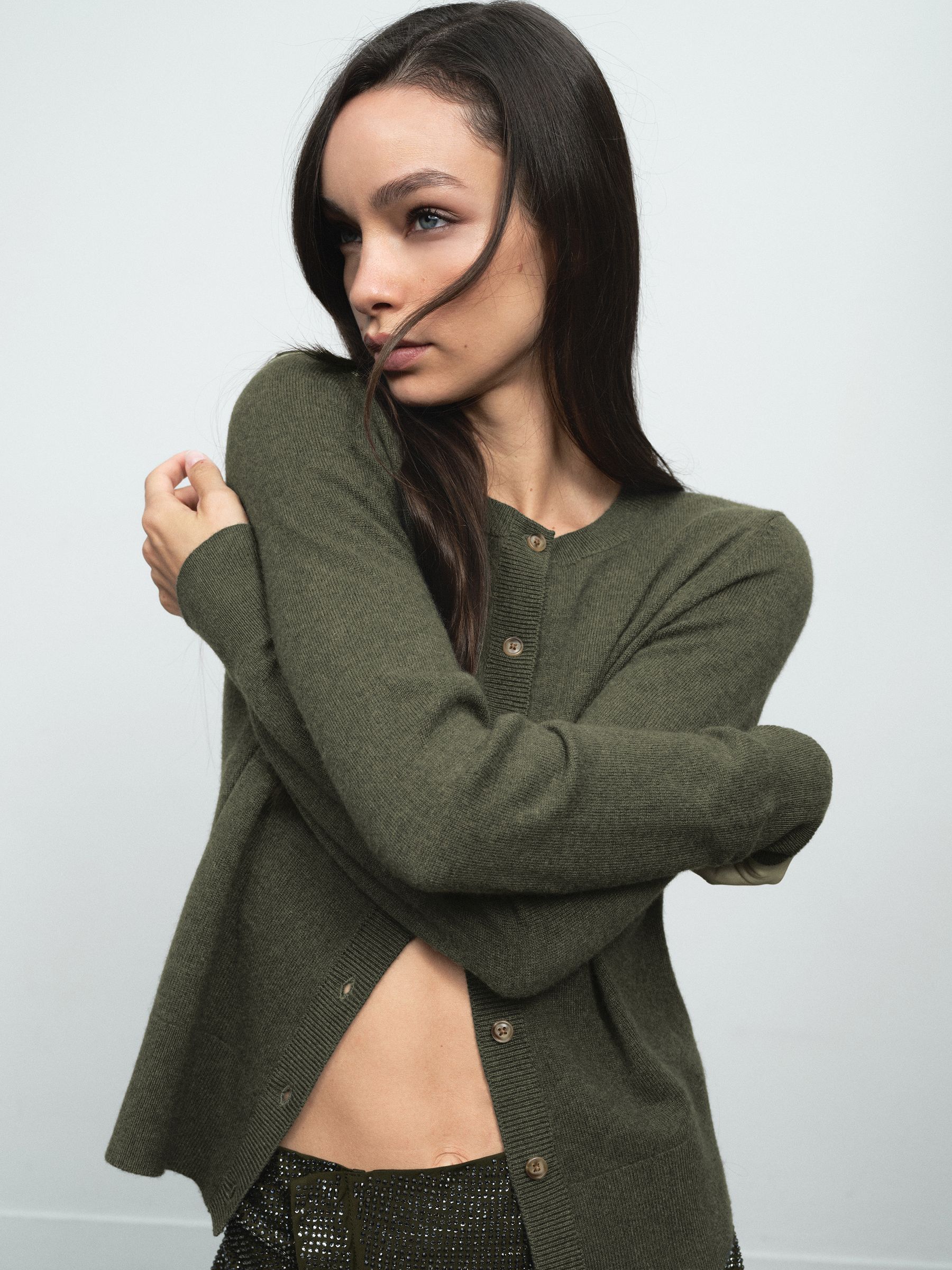 Wool-Blend Crew-Neck Cardigan With Cashmere in Green