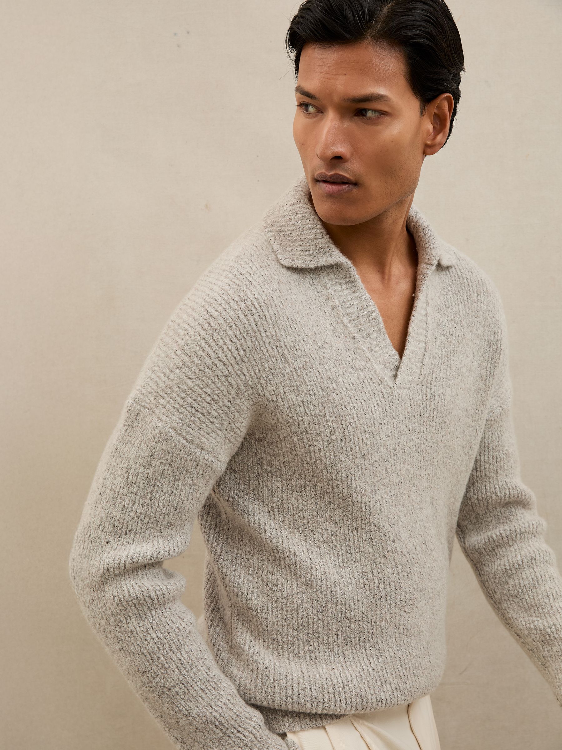 Cashmere-Blend Open-Collar Rib Jumper in Soft Grey Melange