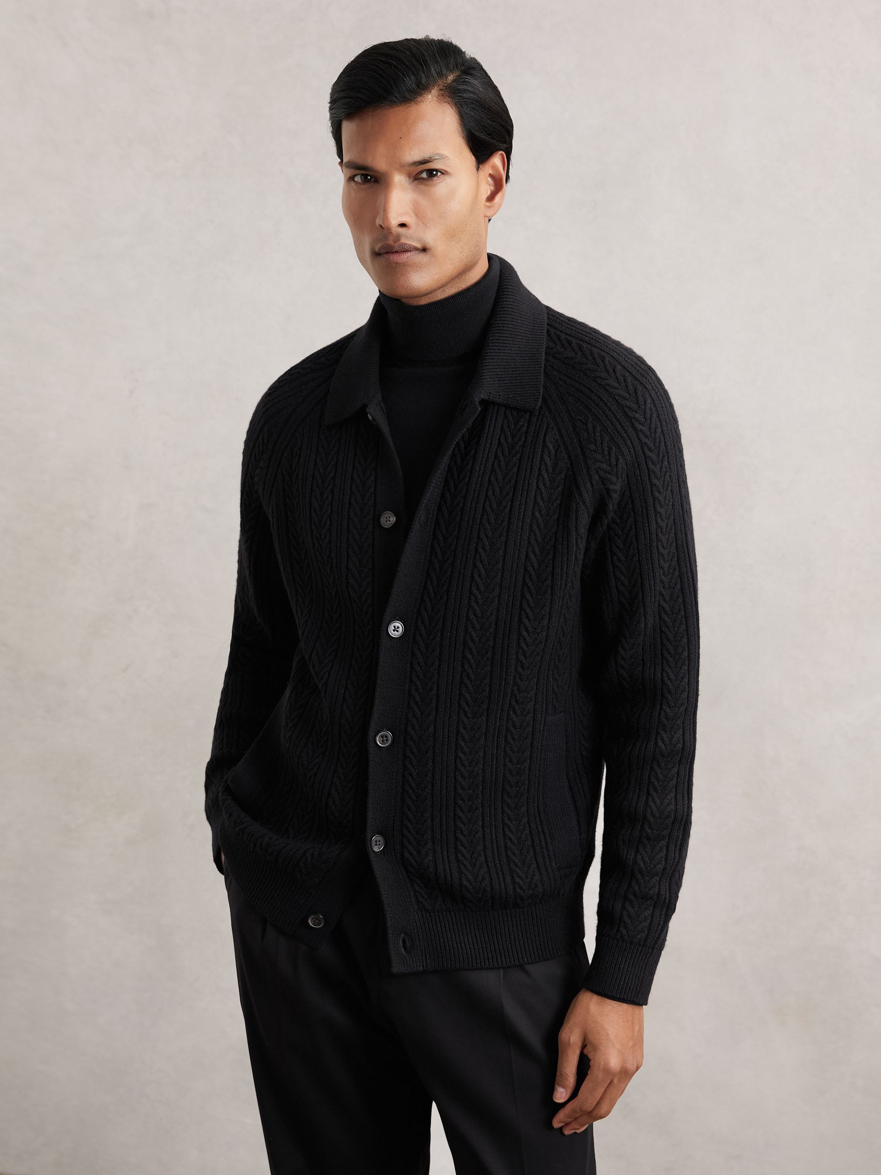 Cable-Knit Cardigan With Wool in Black
