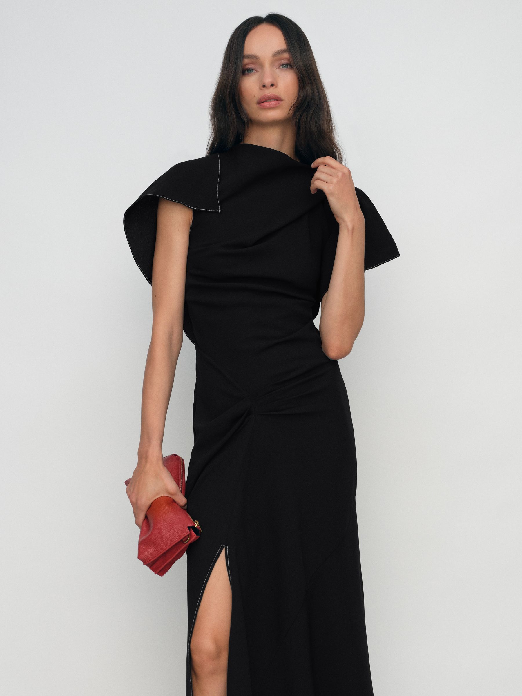 Asymmetric Draped Midi Dress in Black