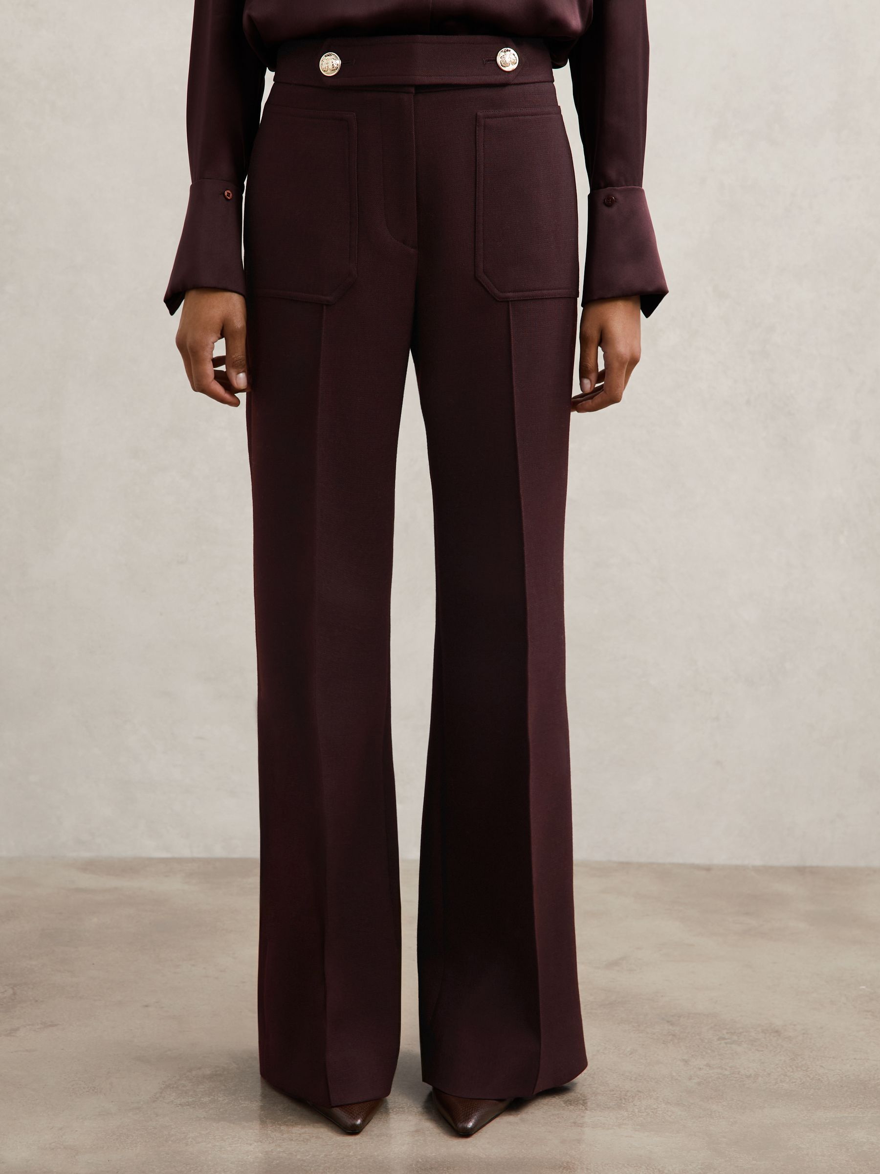 Twill Button-Tab Flared Trousers With Wool in Burgundy
