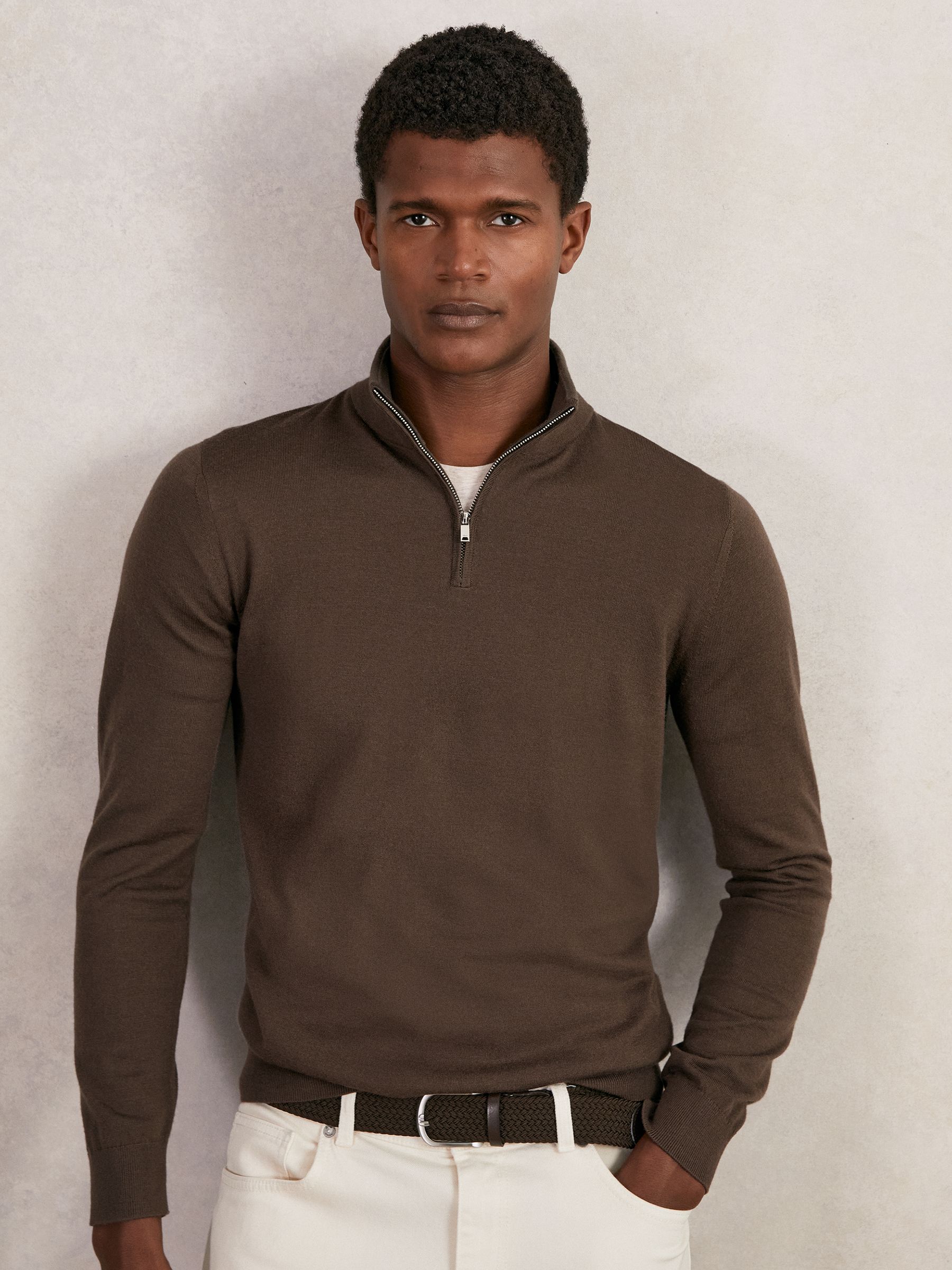 Merino Wool Half-Zip Funnel Neck Jumper in Beige