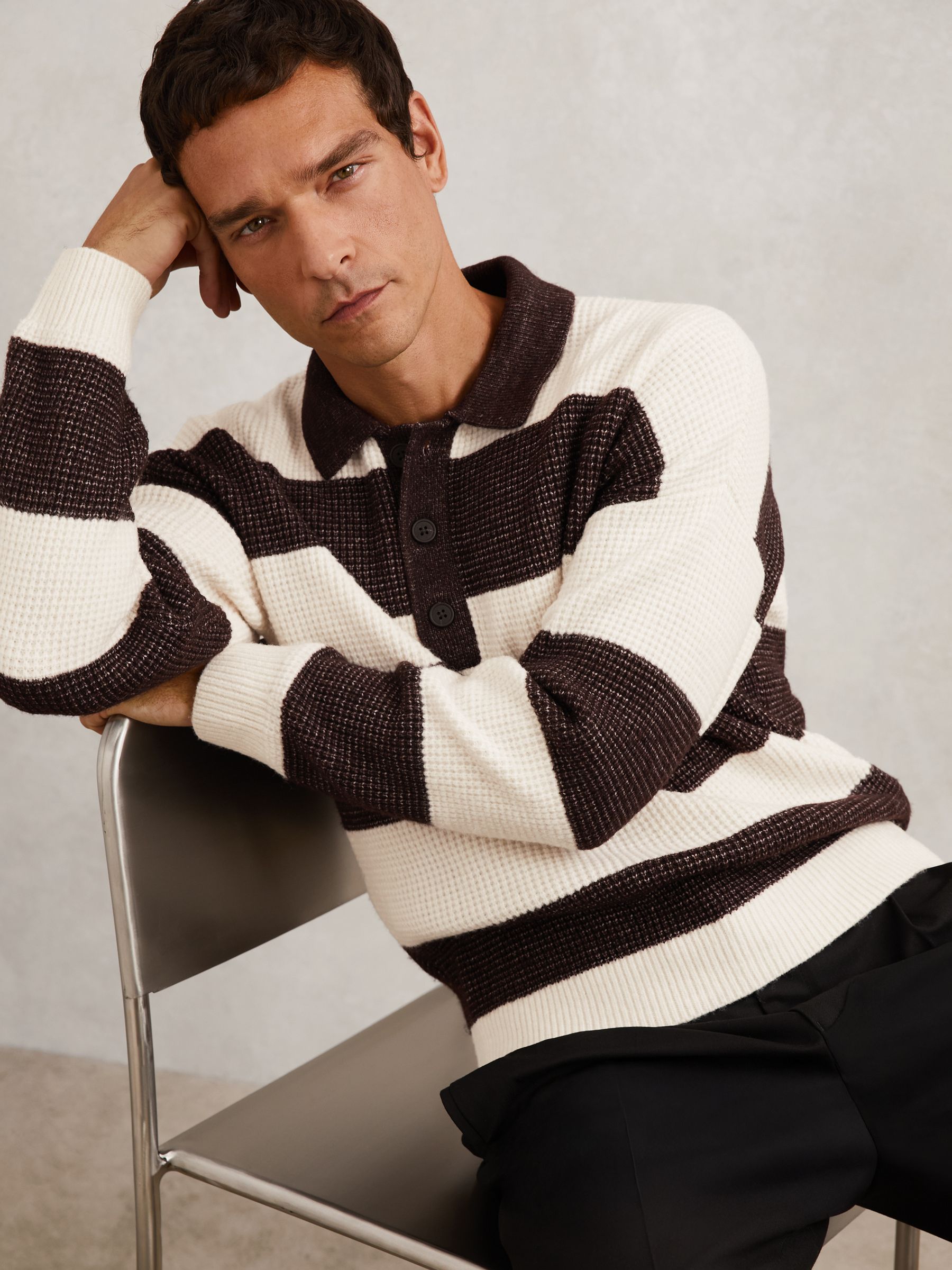 Waffle-Knit Stripe Half-Button Jumper with Wool in Chocolate Brown/Off White