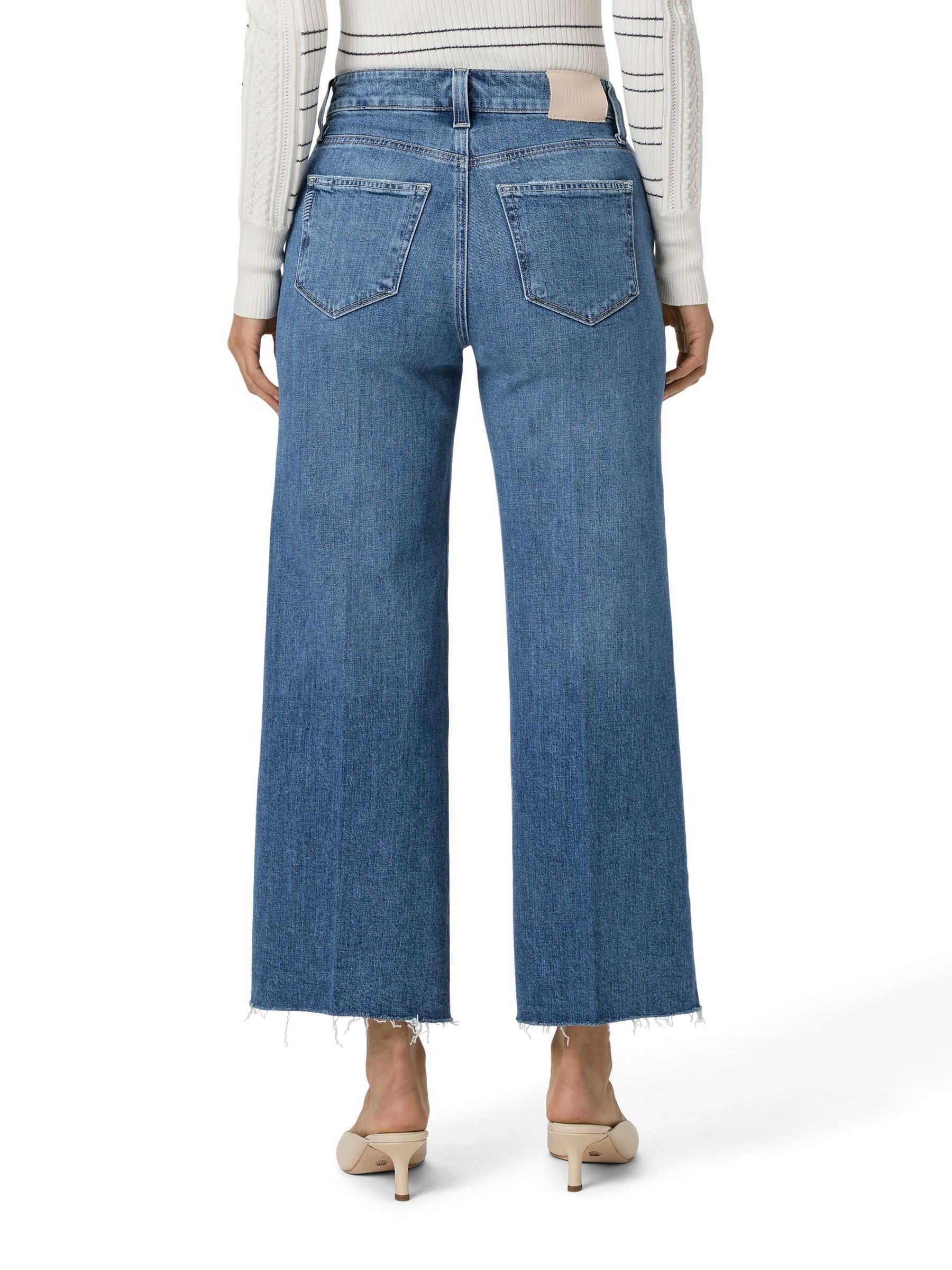 Paige Wide Leg Raw Hem Cropped Jeans in Rock Show Blue