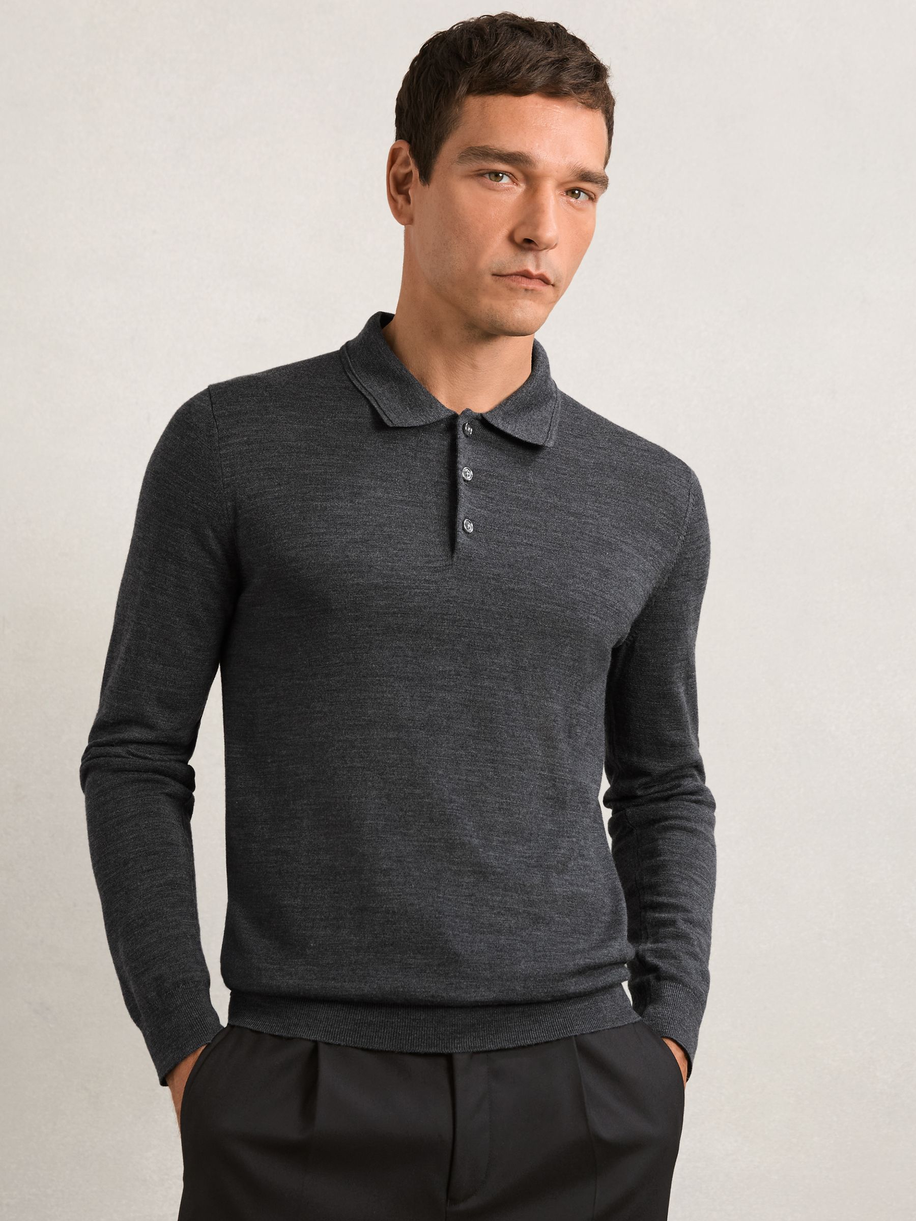 Merino Wool Long-Sleeve Polo Shirt in Derby Grey Marl