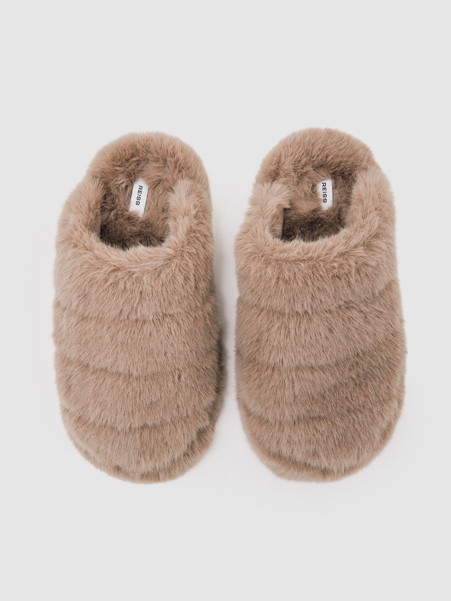 Faux Fur Slippers in Taupe