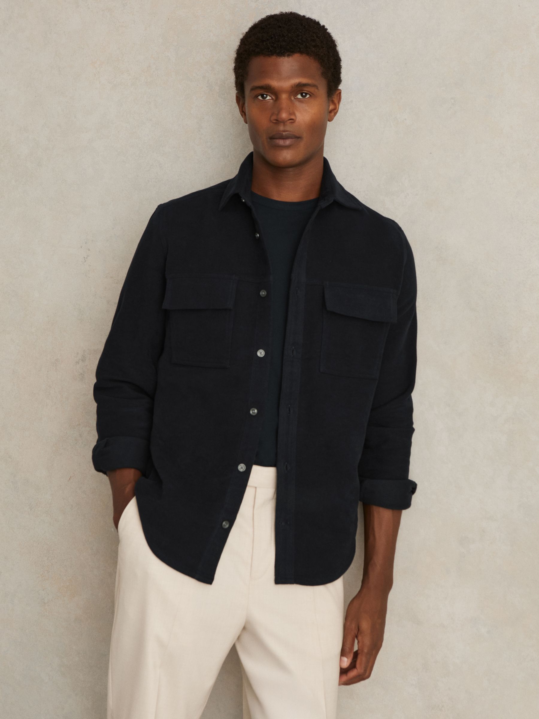 Moleskin-Cotton Twin-Pocket Overshirt in Navy