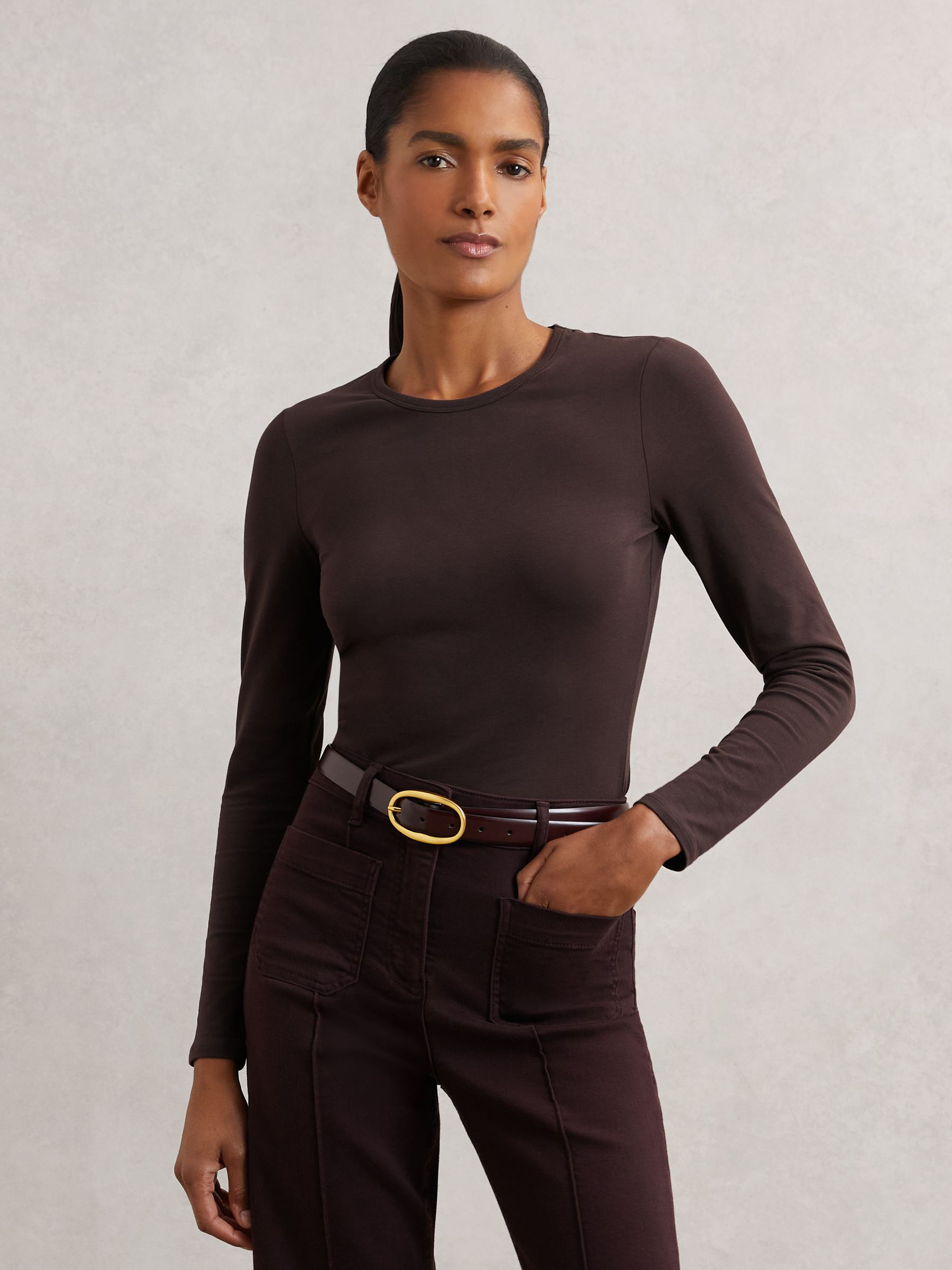 Cotton Crew-Neck Long-Sleeve T-Shirt With Stretch in Plum Purple