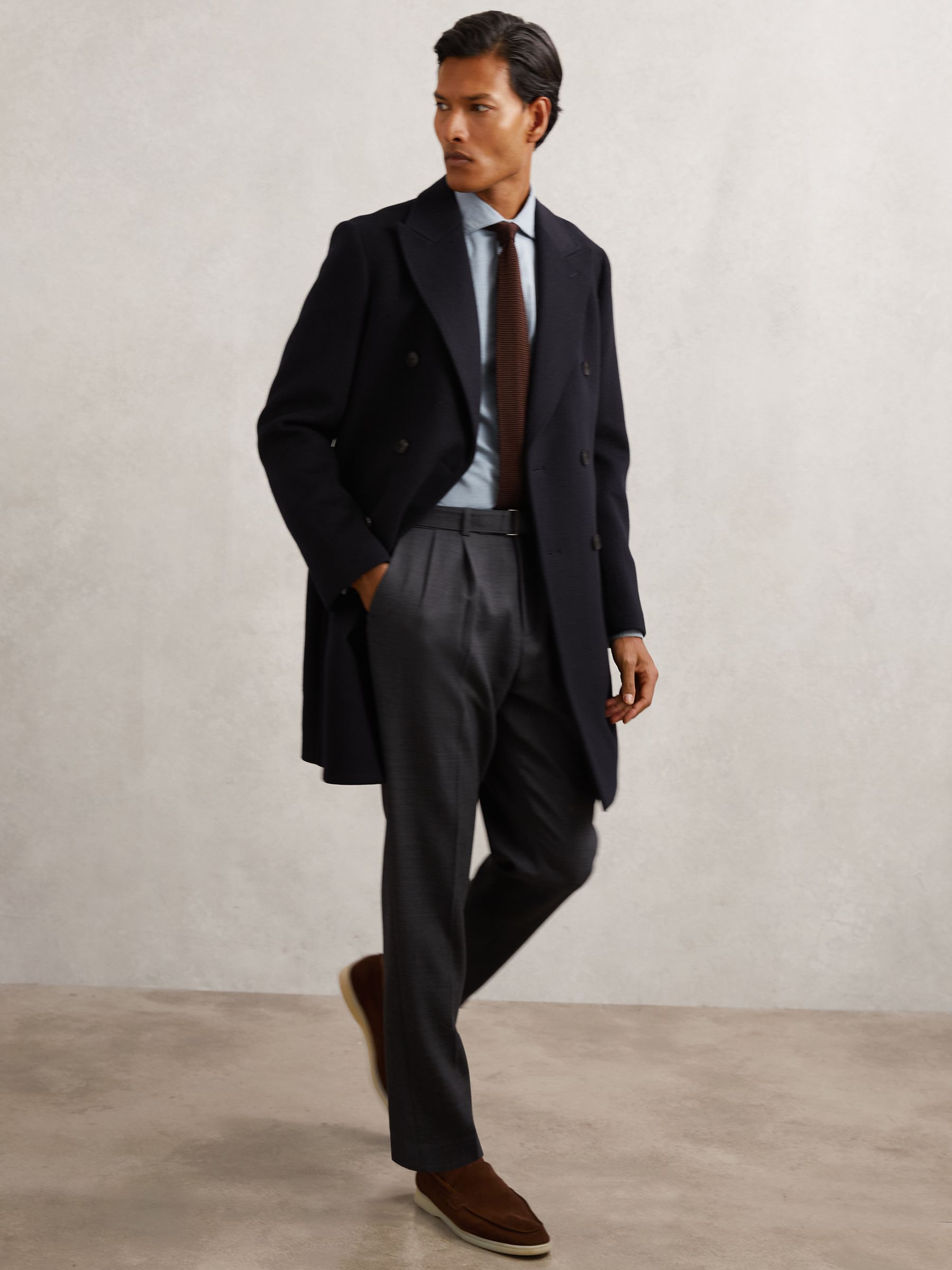 Wool-Blend Double-Breasted Overcoat in Navy