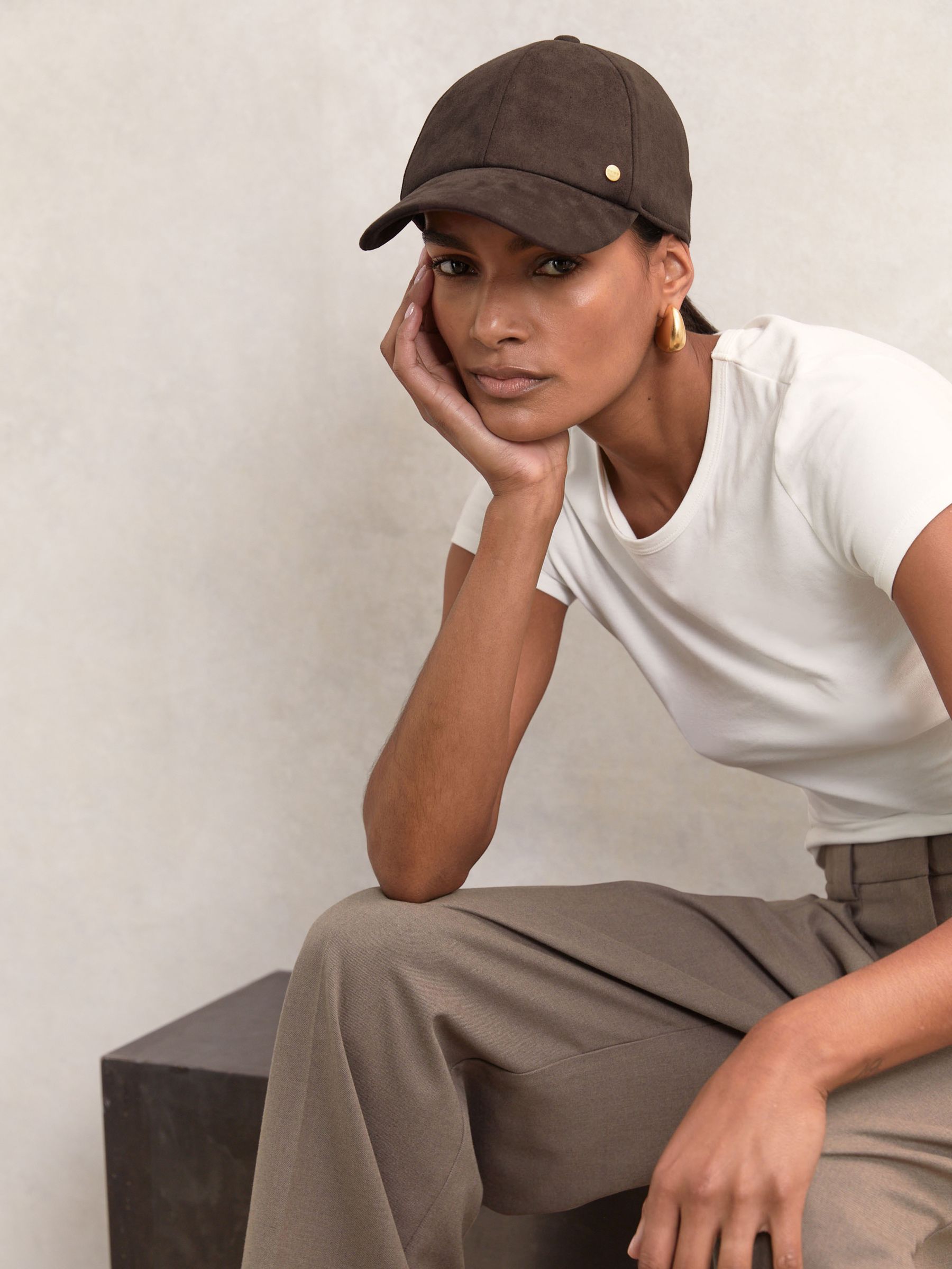 Faux Suede Baseball-Style Cap in Chocolate