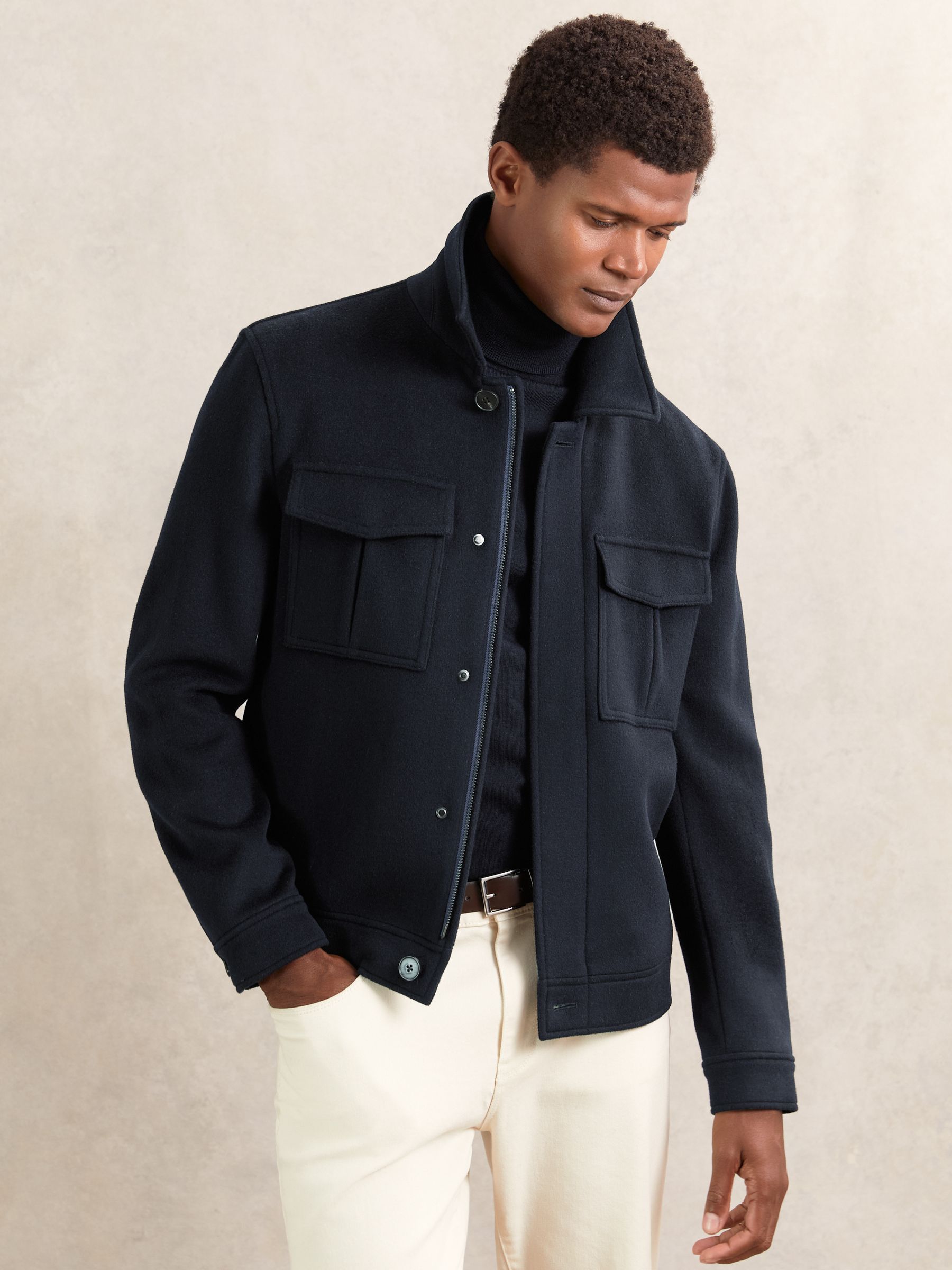 Wool Blend Twin Pocket Zipped Jacket in Navy
