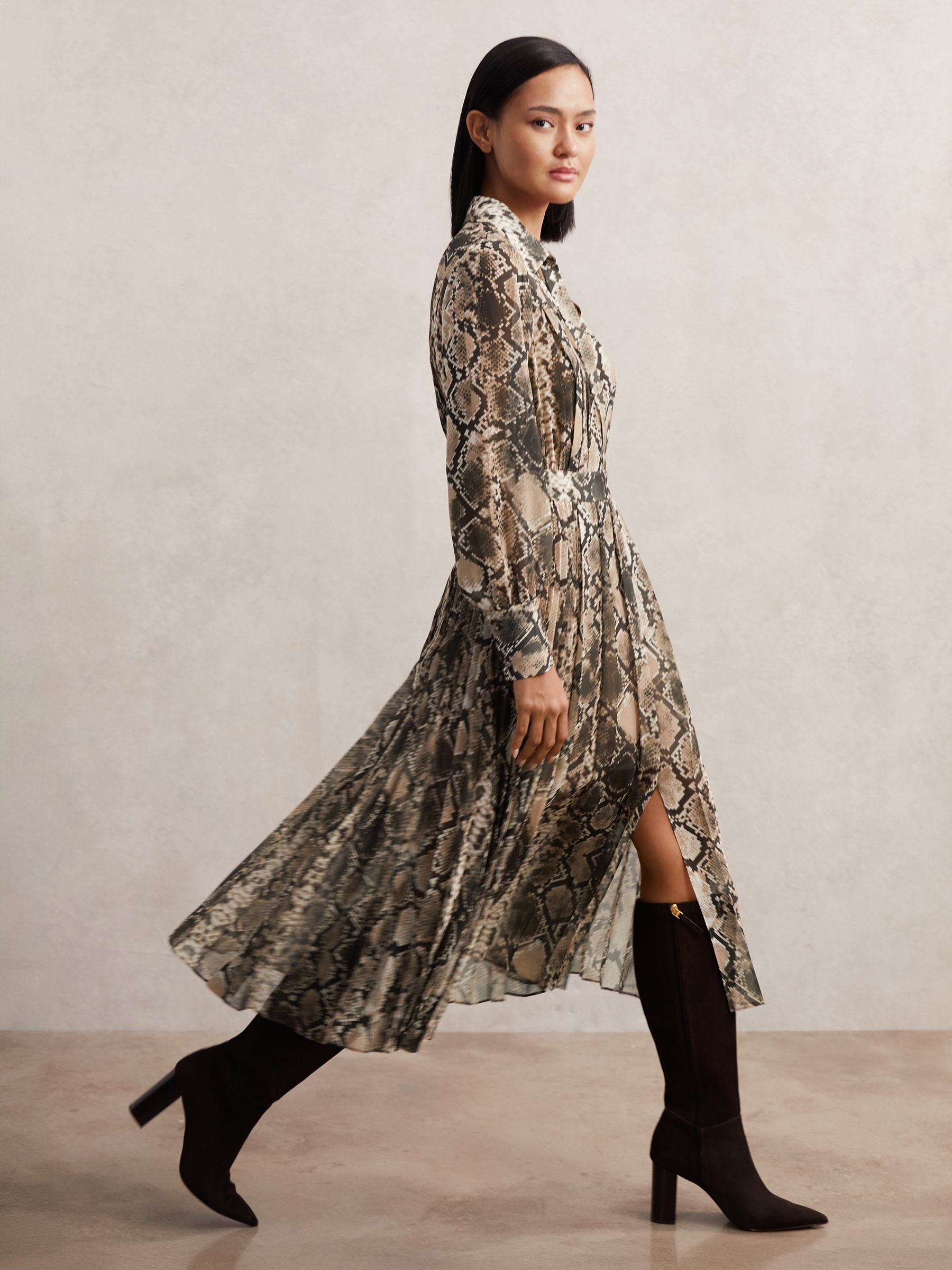 Snake-Print Pleated Midi Dress in Neutral