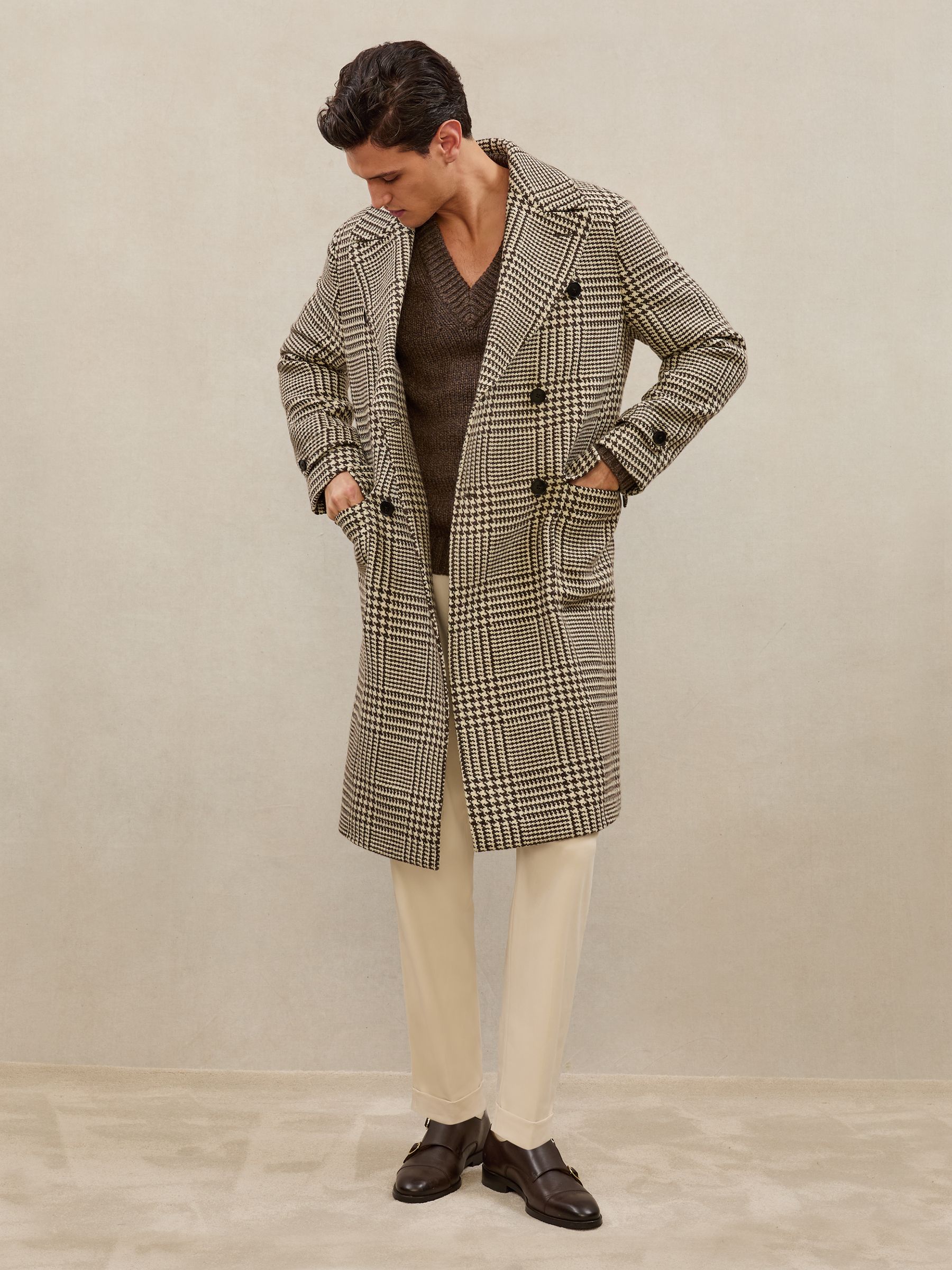 Atelier Wool Check Overcoat in Brown/White