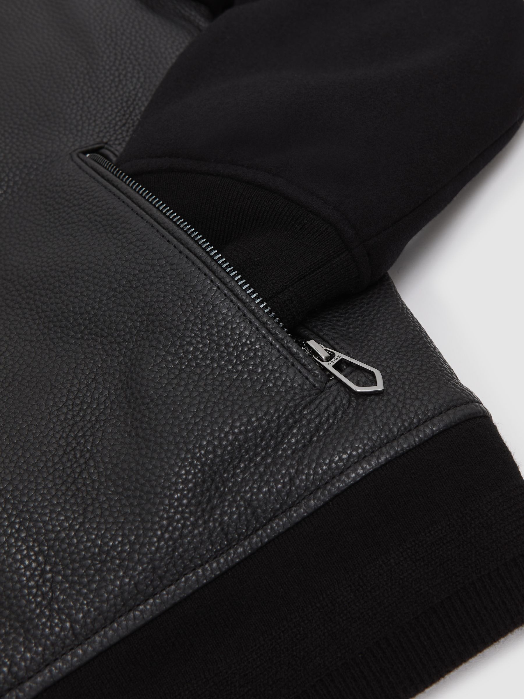 Leather Contrast-Sleeve Bomber Jacket in Black