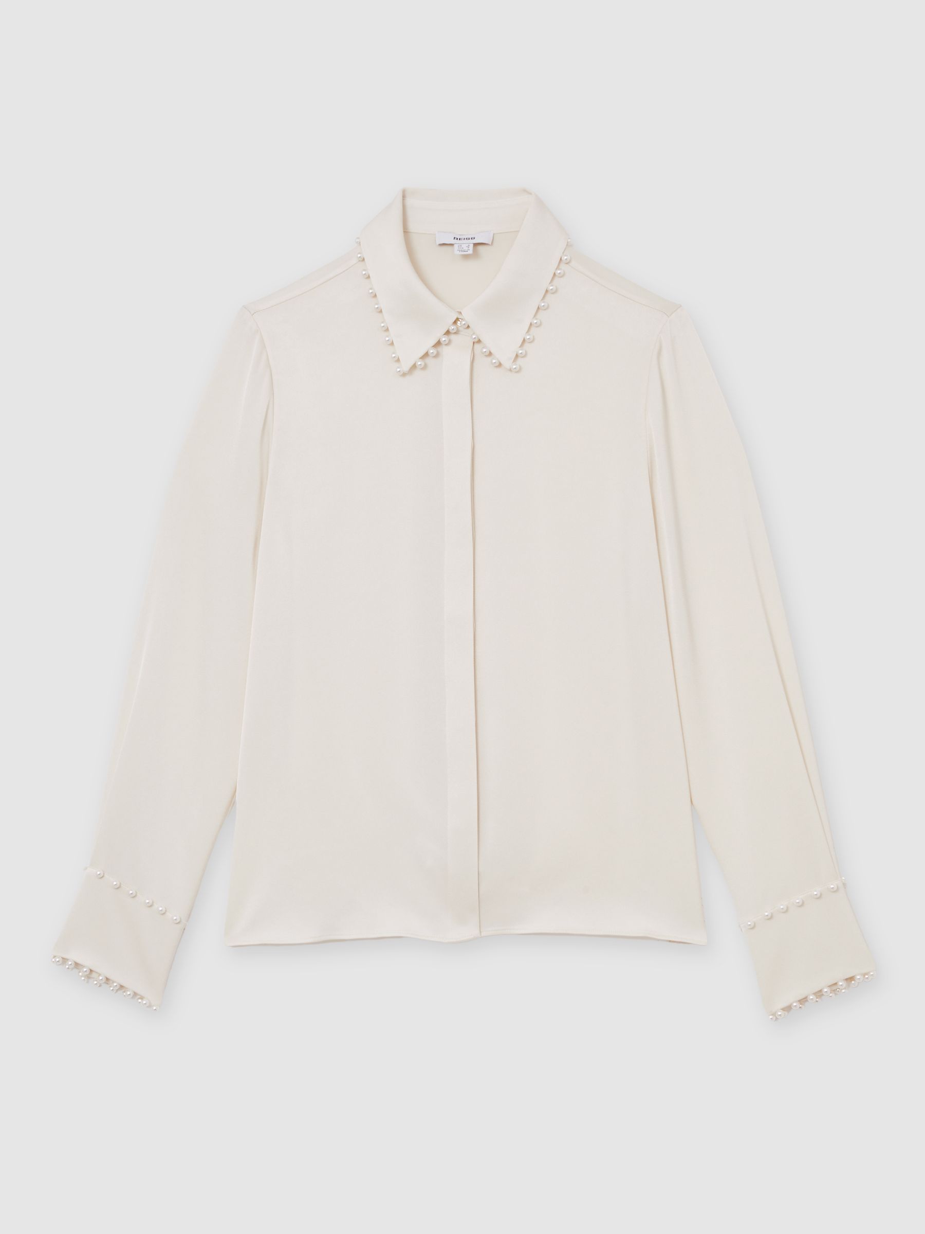 Satin Faux-Pearl Trim Shirt in Ivory