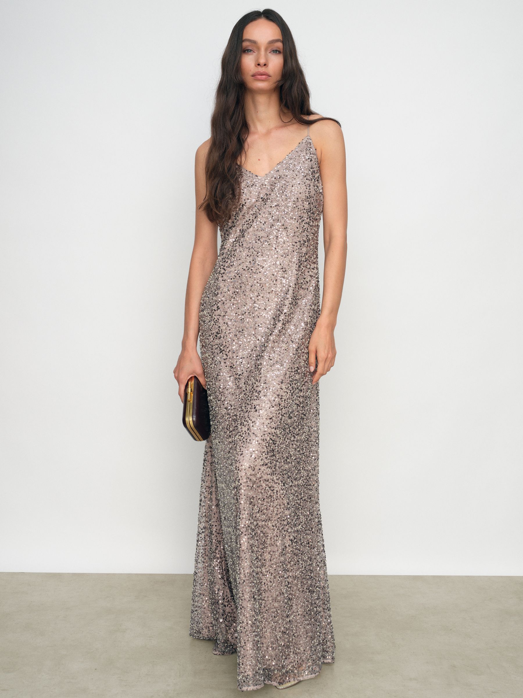 Sequin Maxi Slip Dress in Silver