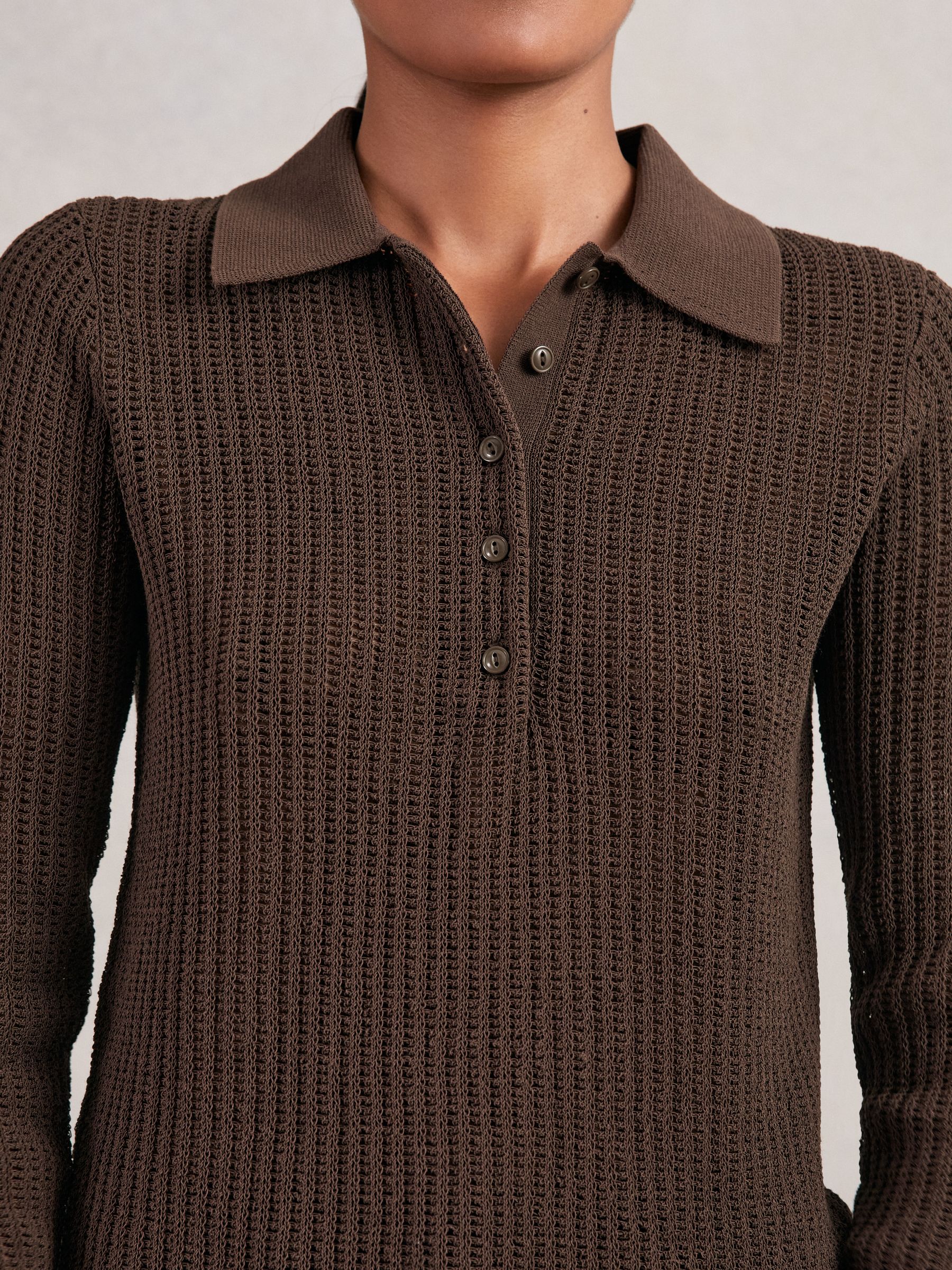 Open-Knit Long-Sleeve Polo Top in Chocolate Brown
