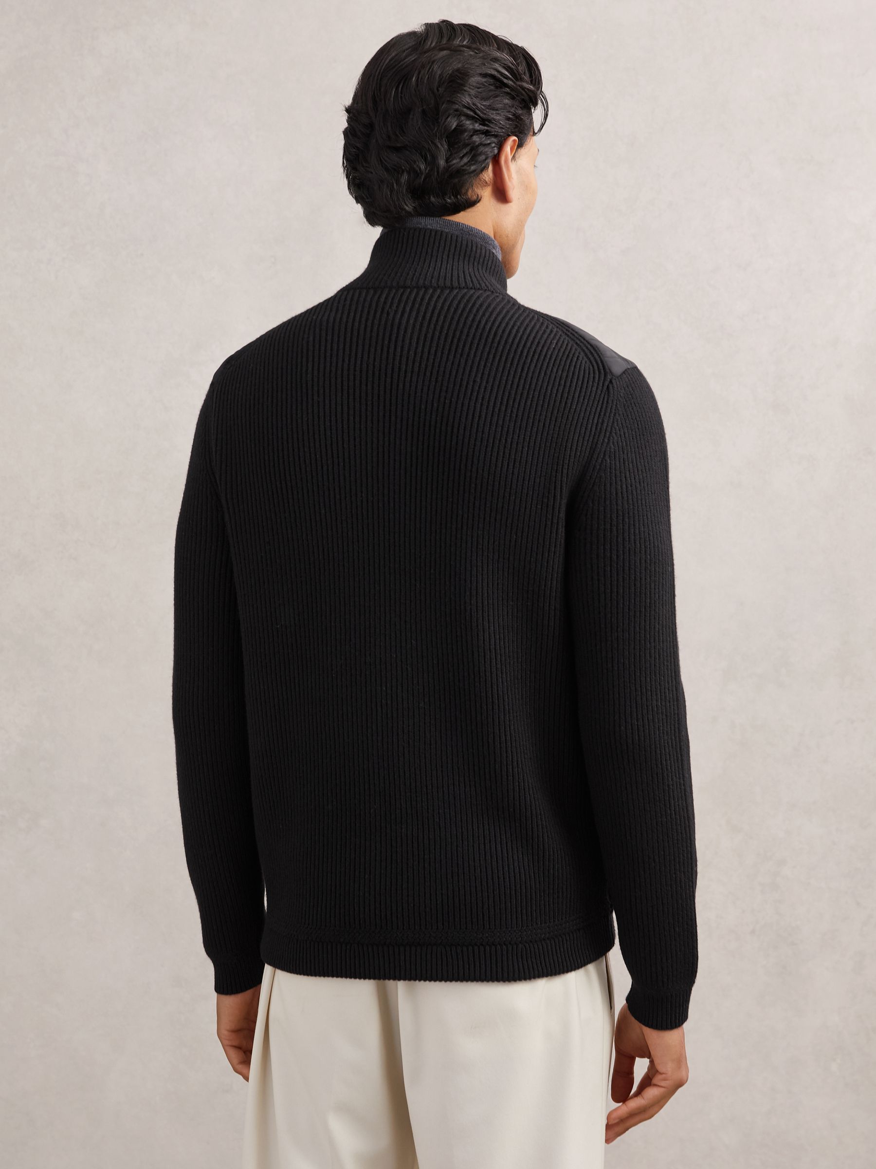 Quilted Rib-Knit Funnel-Neck Jacket in Black