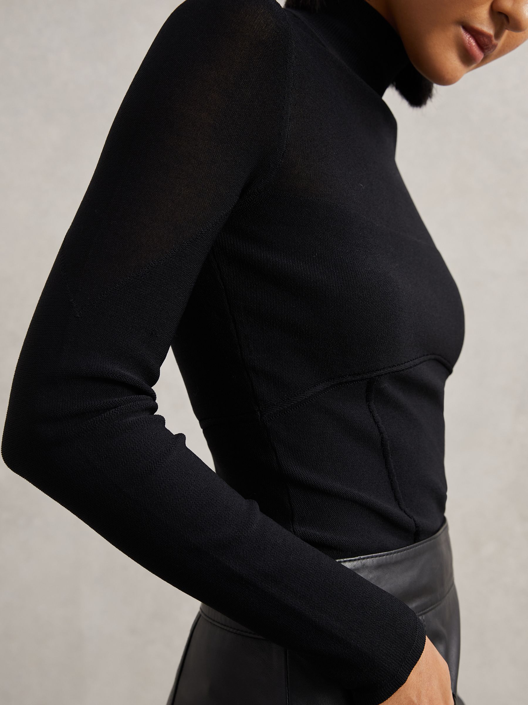 Mesh Funnel-Neck Knit Top in Black